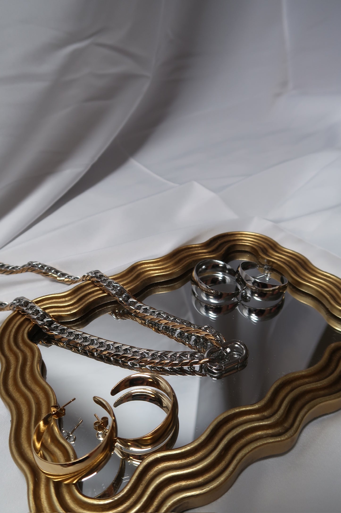 Two Tone Necklace and Earrings Trio
