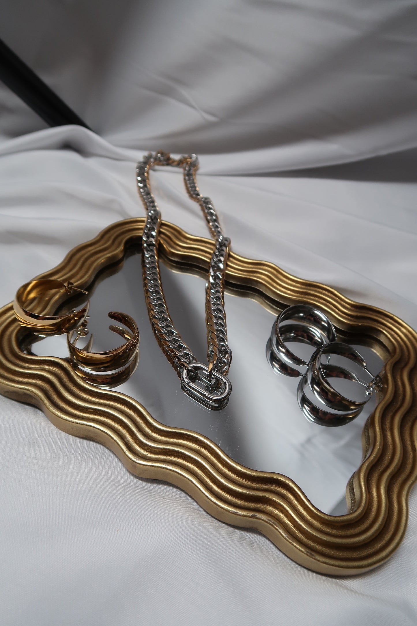 Two Tone Necklace and Earrings Trio