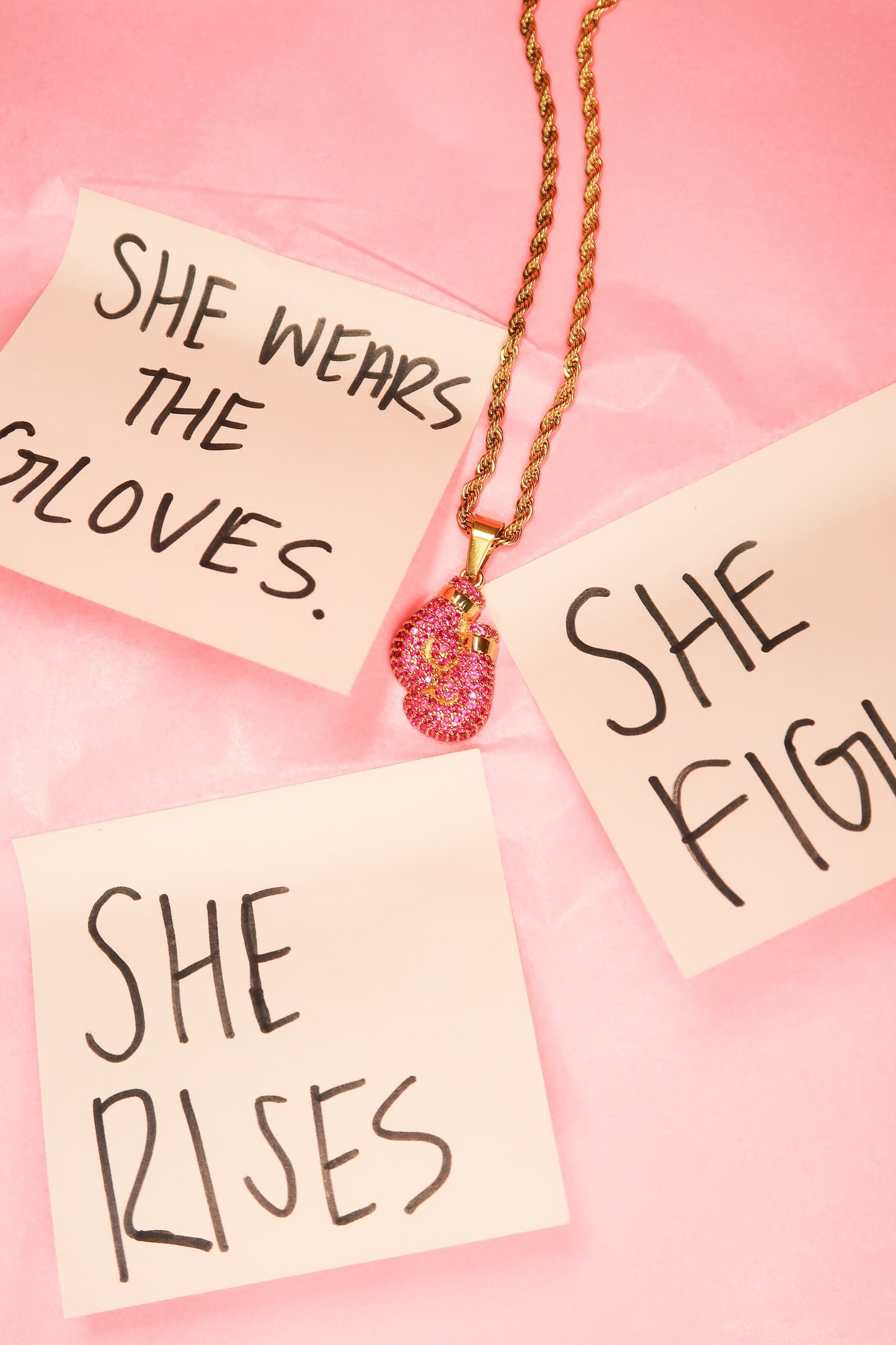 Unbroken Spirit Pink Crystal Boxing Gloves 316L Stainless Steel Necklace