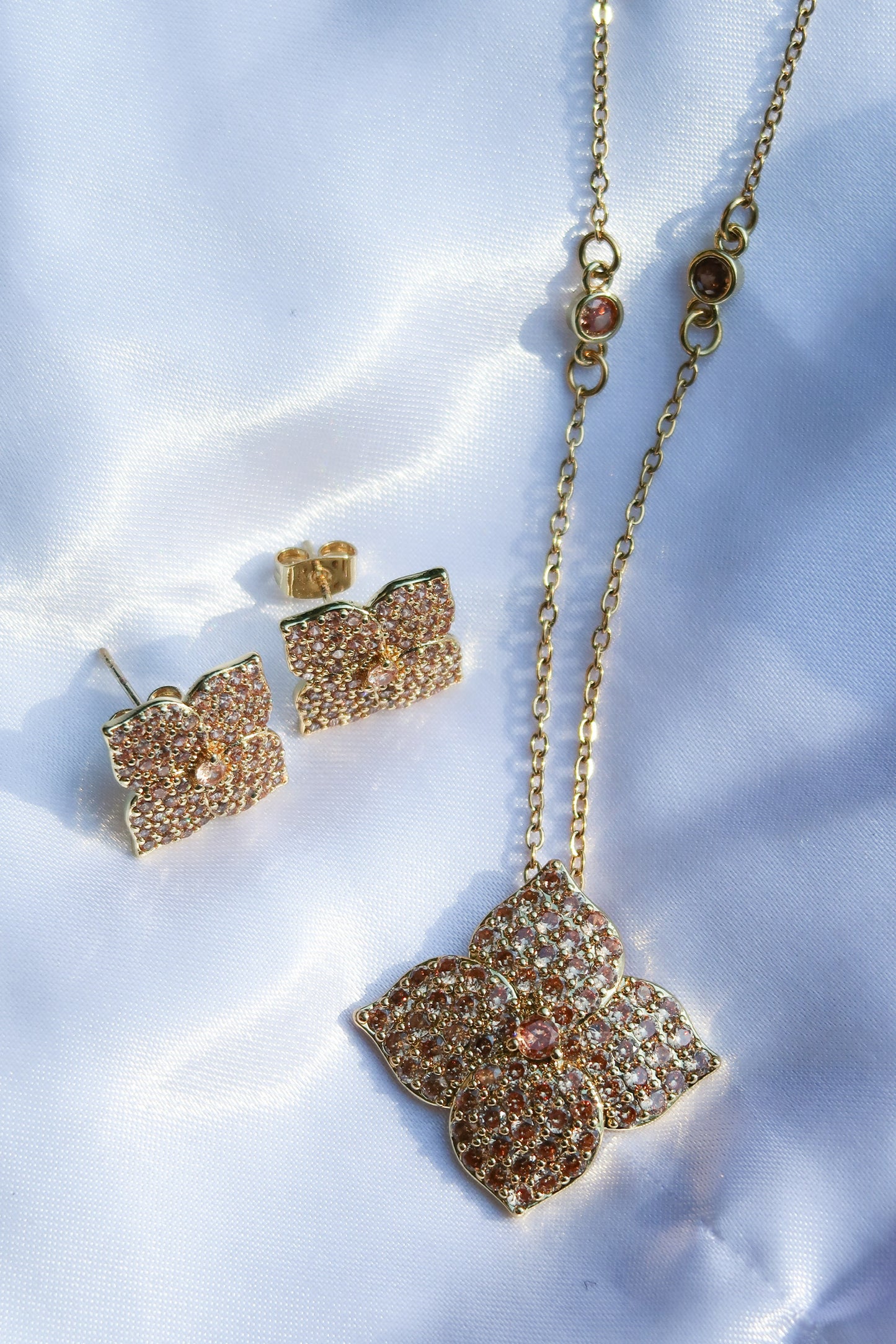 Crystal Champagne Blossom 316L Stainless Steel Necklace and Earrings Duo