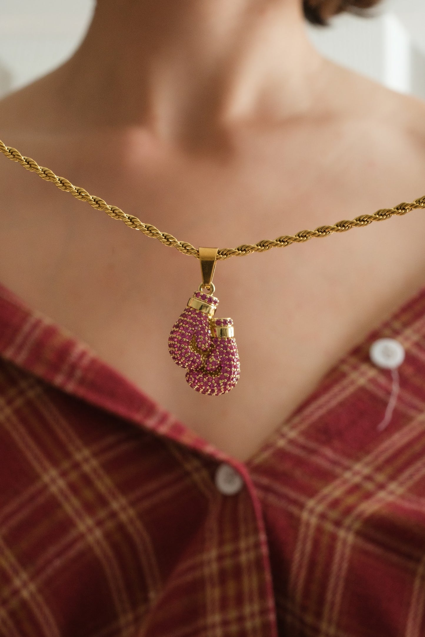 Unbroken Spirit Pink Crystal Boxing Gloves 316L Stainless Steel Necklace