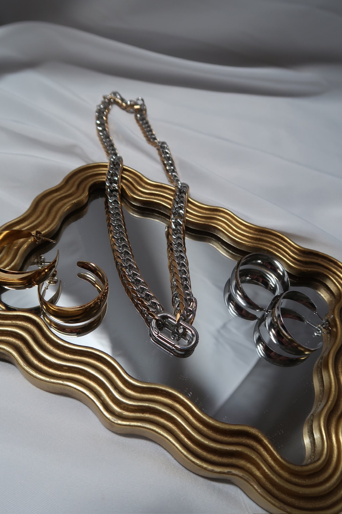 Two Tone Necklace and Earrings Trio