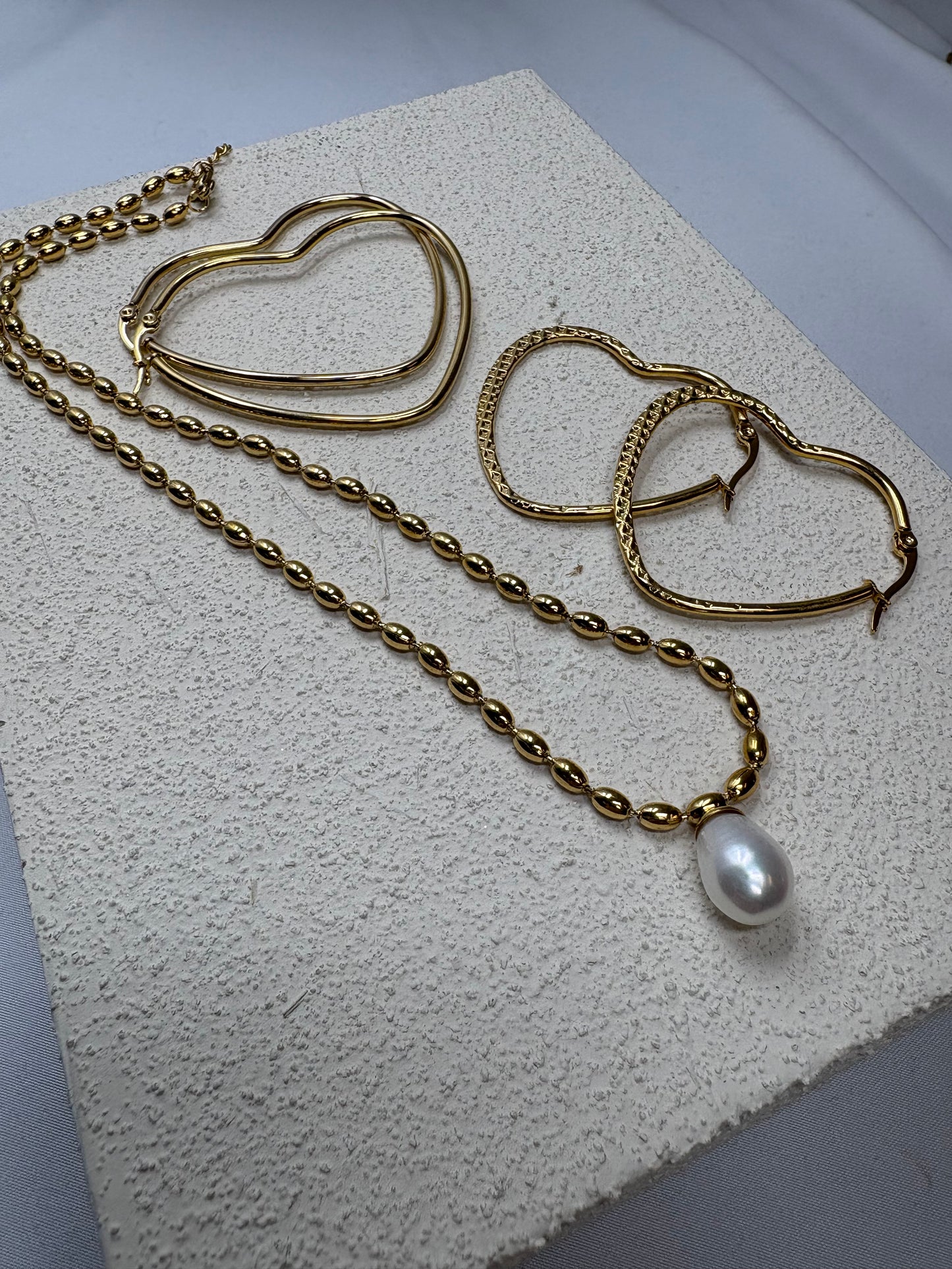 Heart Hoops And Pearl Necklace Trio
