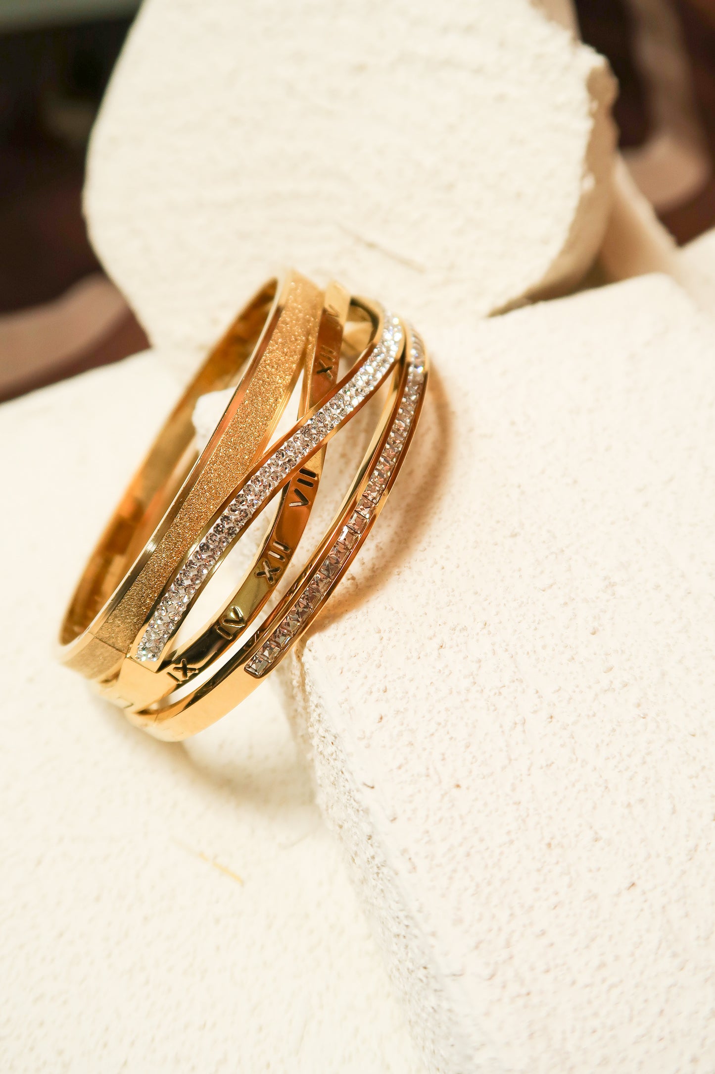 Roman Number 316L Stainless Steel Crystal Bangle Gold Trio