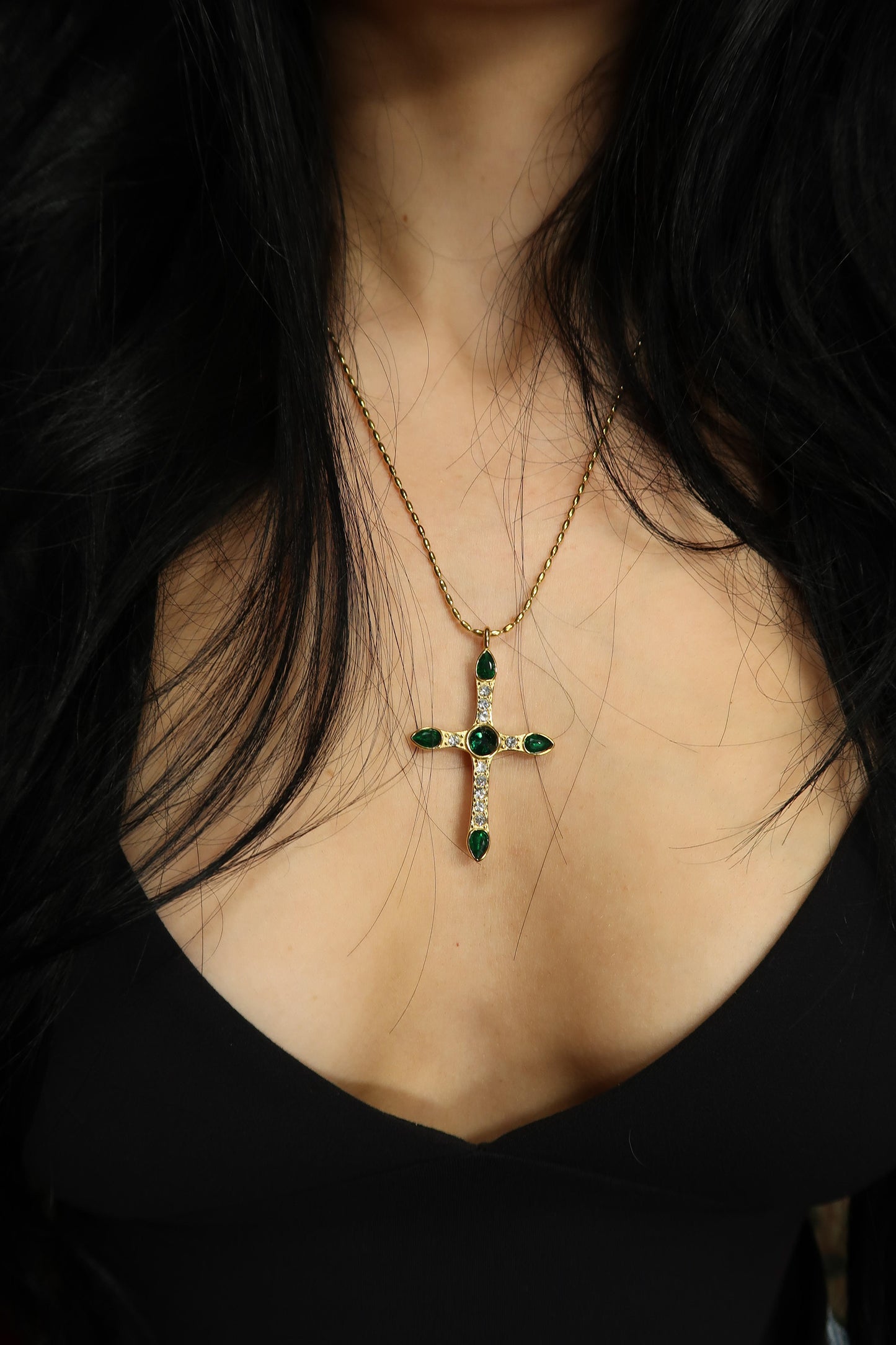 Verdant Luxe Emerald Cross Necklace 316L Stainless Steel