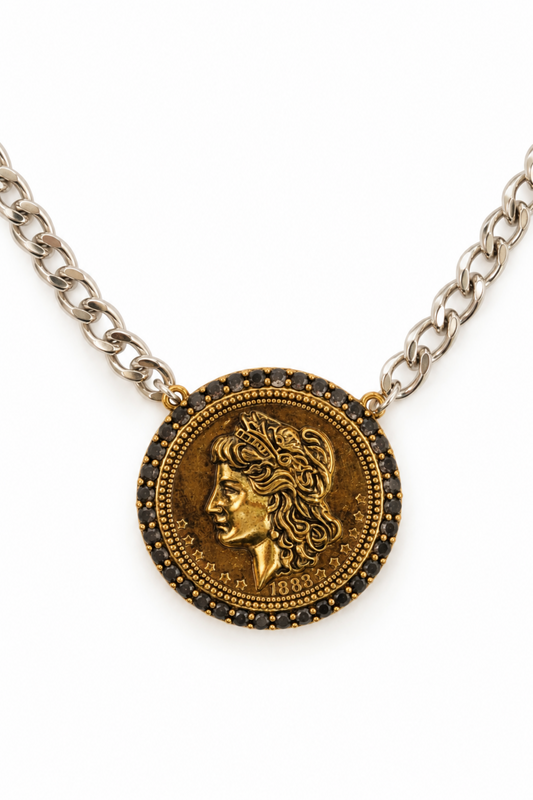 Year of Chic Medallion Onyx Crystal Two Tone 316L Stainelss Steel Necklace