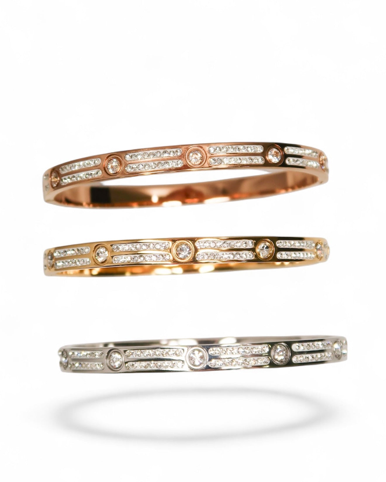 Elevated Full Crystal Bangle 316L Stainless Steel Trio