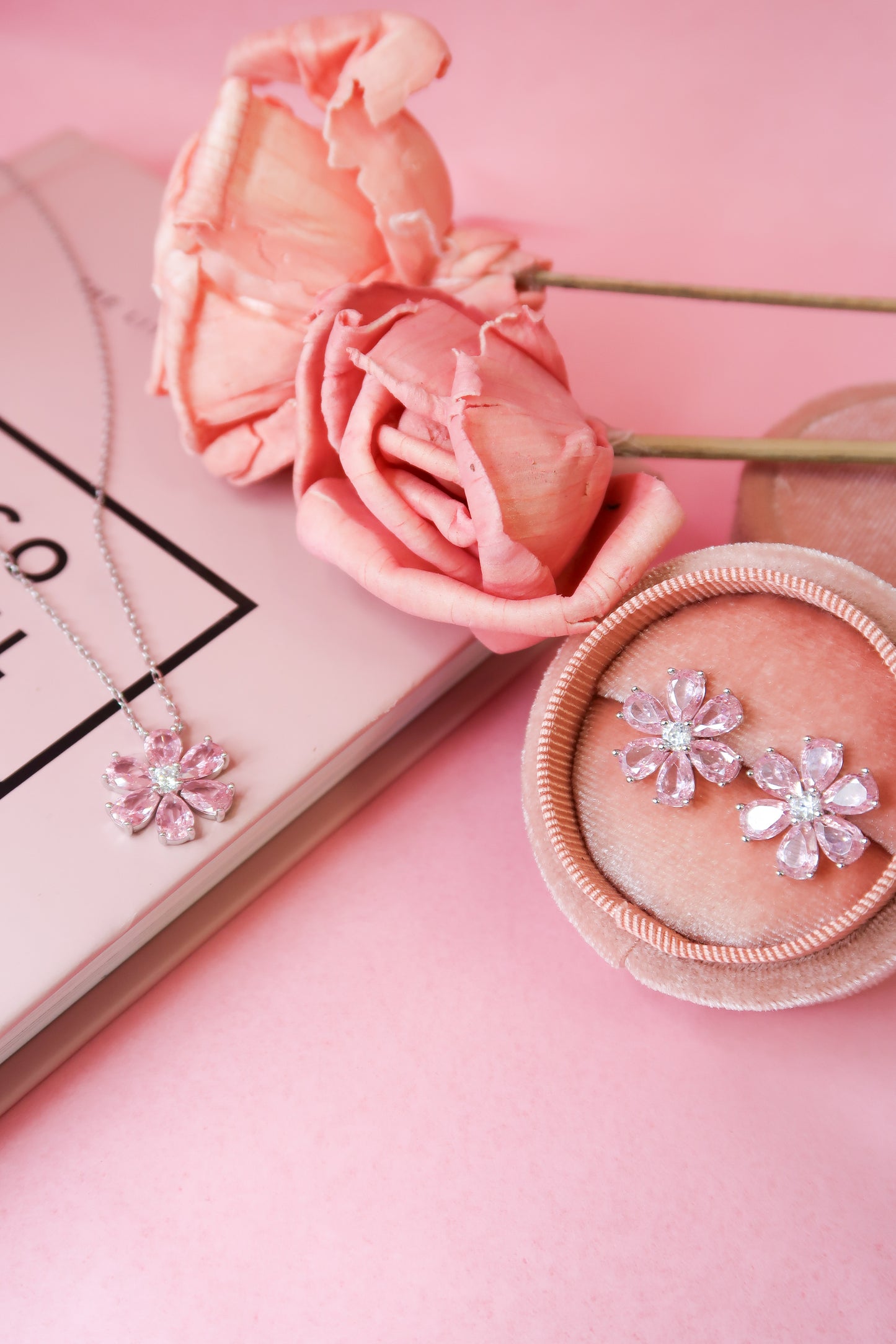 Daisy Pink Crystal .925 Sterling Silver Necklace or Studs or RIng