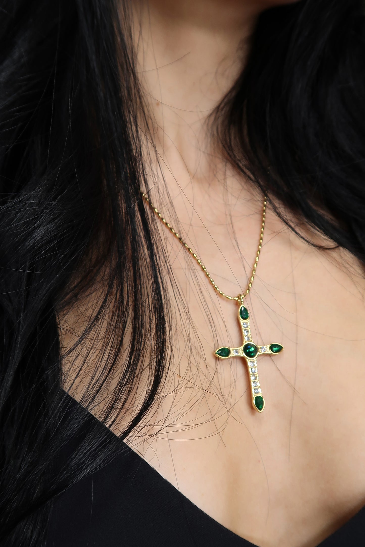 Verdant Luxe Emerald Cross Necklace 316L Stainless Steel