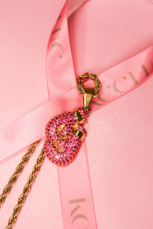 Unbroken Spirit Pink Crystal Boxing Gloves 316L Stainless Steel Necklace