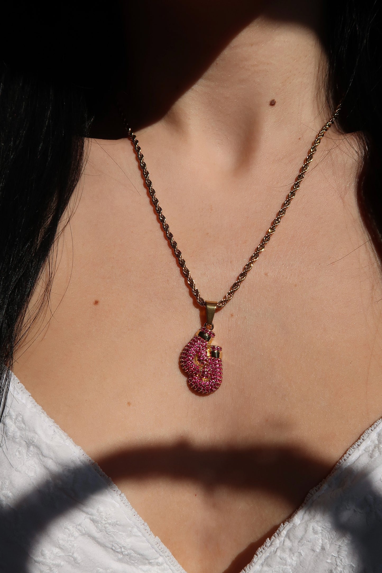 Unbroken Spirit Pink Crystal Boxing Gloves 316L Stainless Steel Necklace