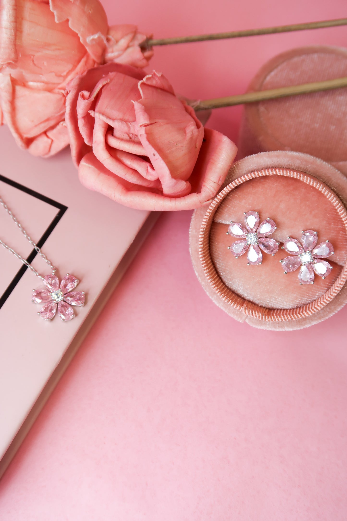 Daisy Pink Crystal .925 Sterling Silver Necklace or Studs or RIng