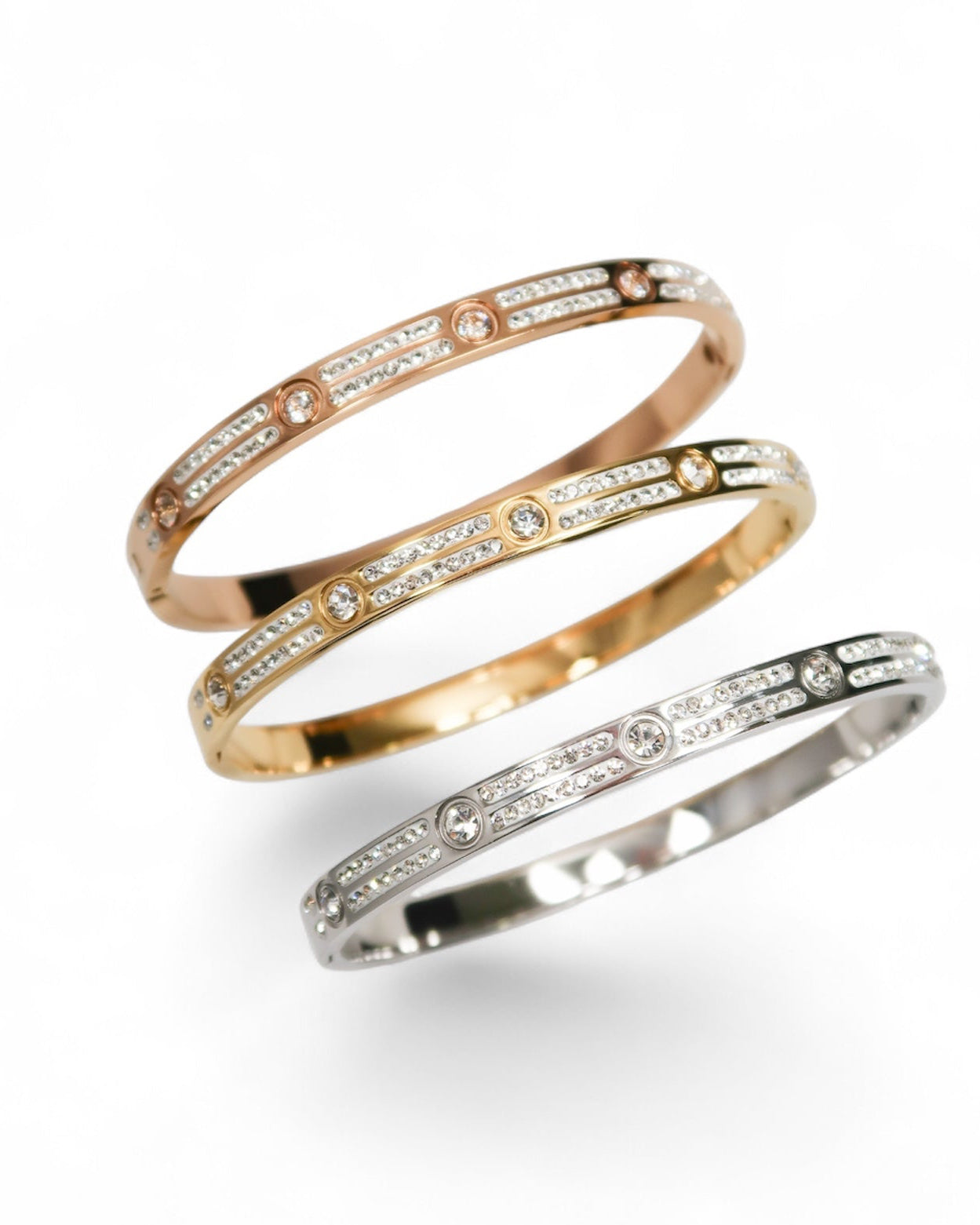 Elevated Full Crystal Bangle 316L Stainless Steel Trio