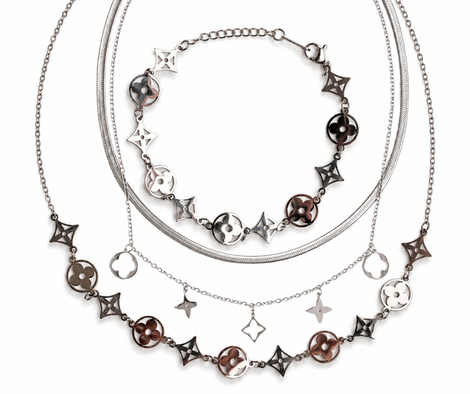 Clover Collection Necklace and Bracelet 316L Stainless Steel Trio