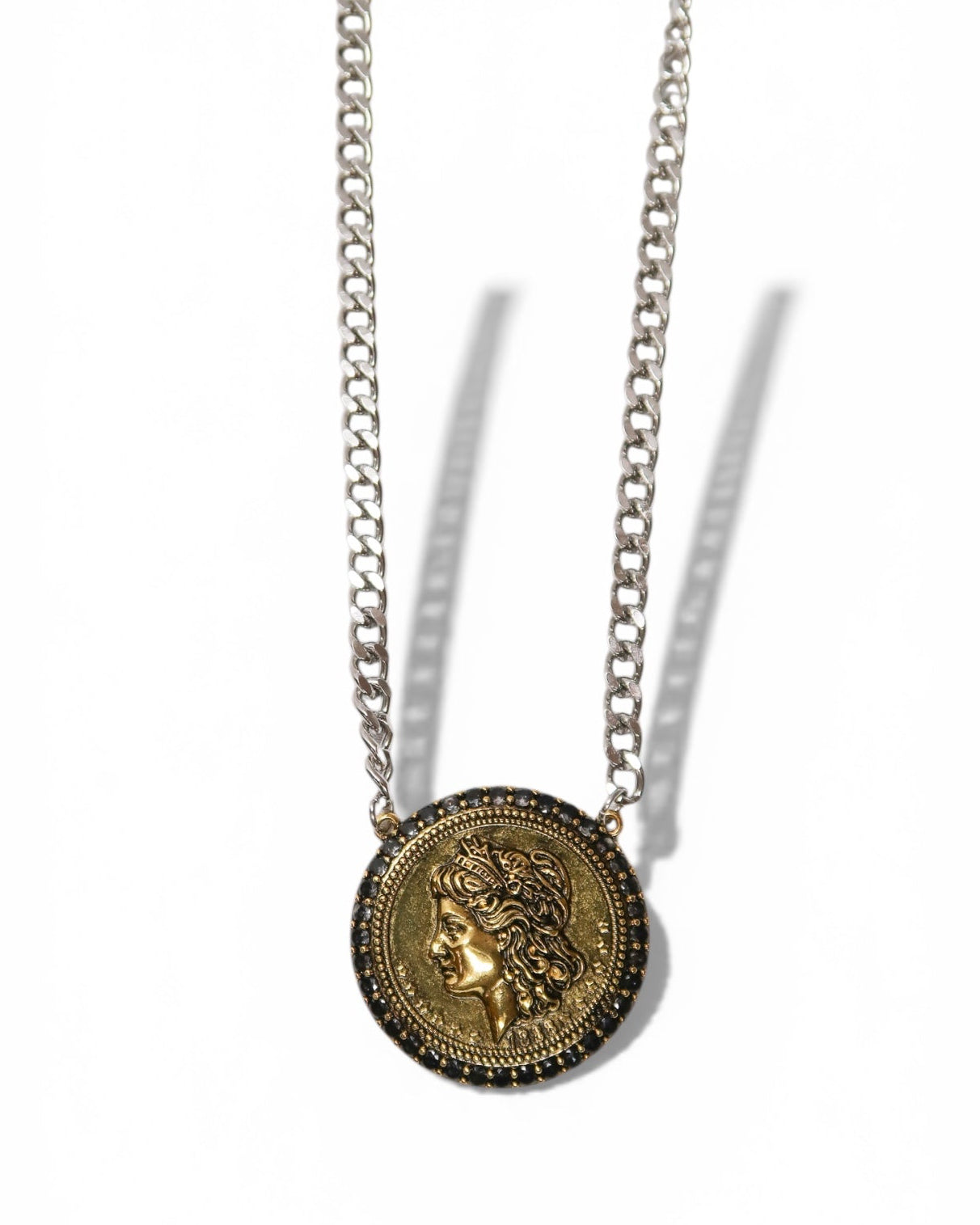 Year of Chic Medallion Onyx Crystal Two Tone 316L Stainelss Steel Necklace