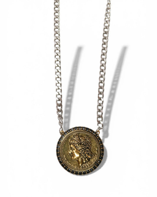 Year of Chic Medallion Onyx Crystal Two Tone 316L Stainelss Steel Necklace