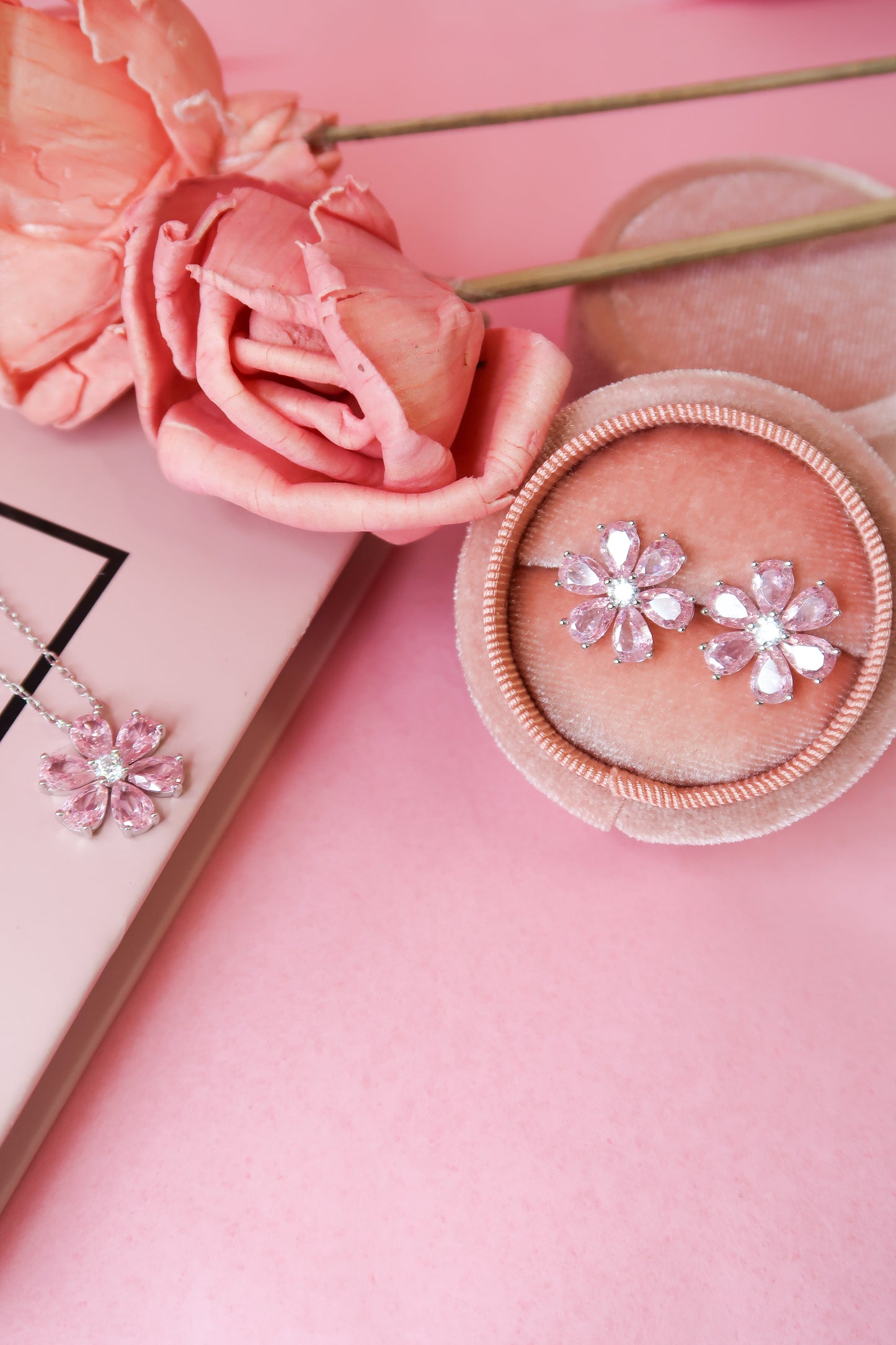 Daisy Pink Crystal .925 Sterling Silver Necklace or Studs or RIng