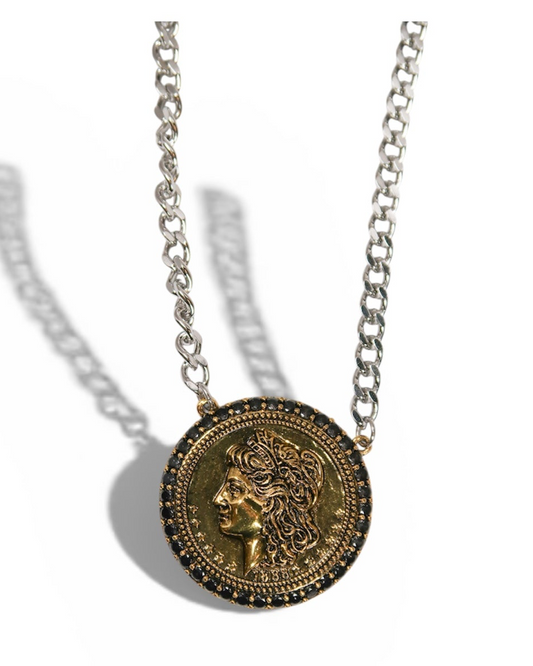 Year of Chic Medallion Onyx Crystal Two Tone 316L Stainelss Steel Necklace