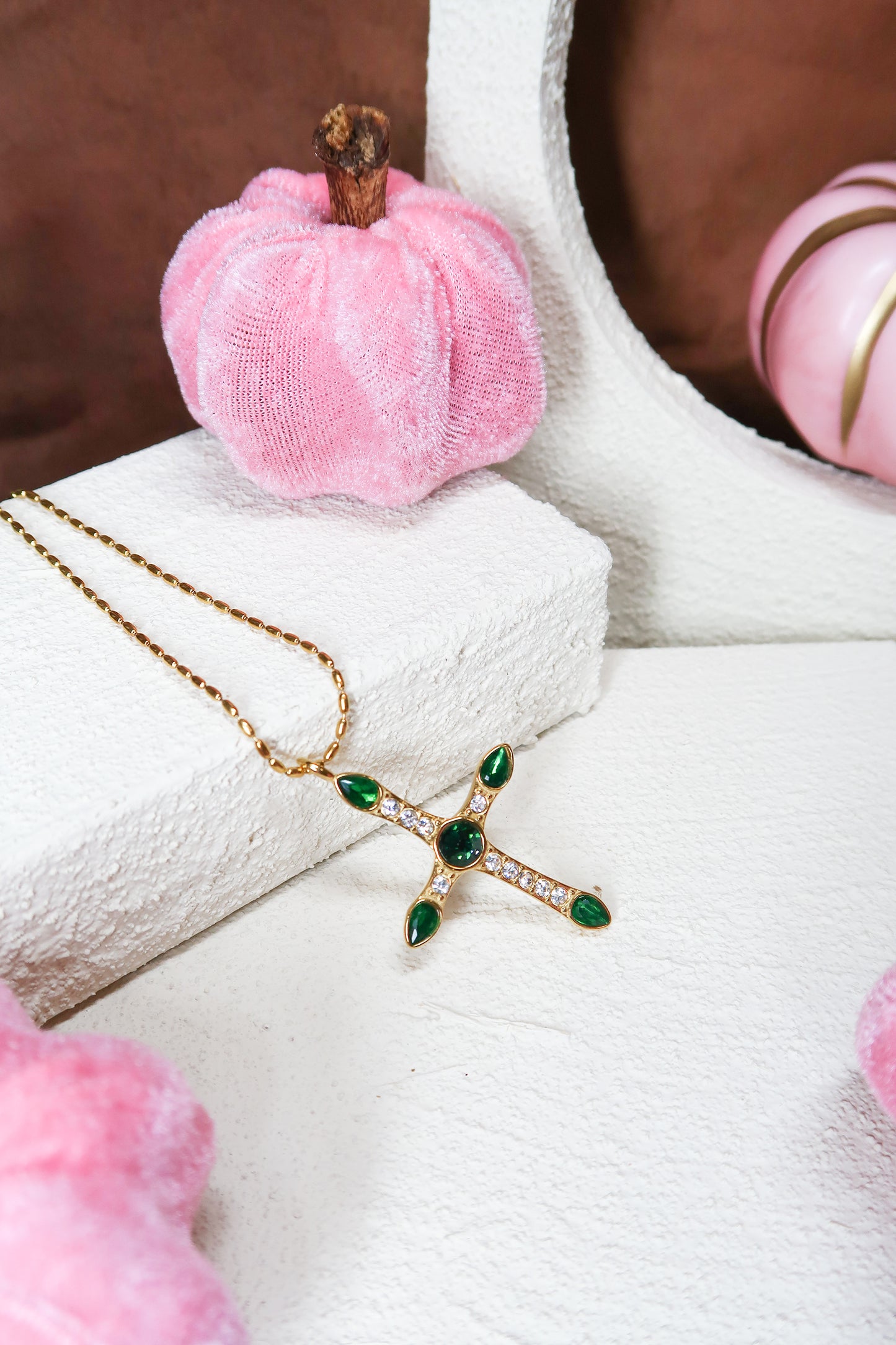 Verdant Luxe Emerald Cross Necklace 316L Stainless Steel