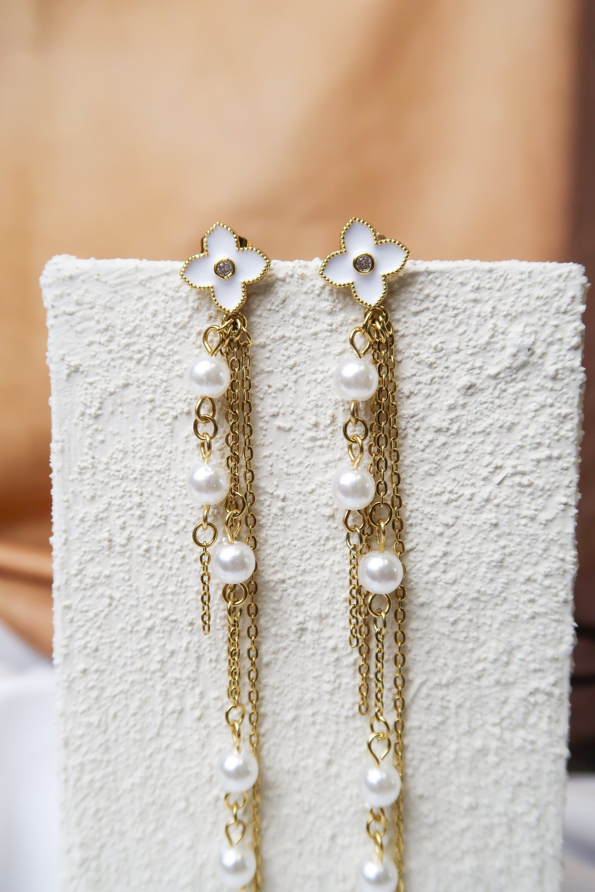 Golden Glam Pearl Stainless Steel Drop Earrings