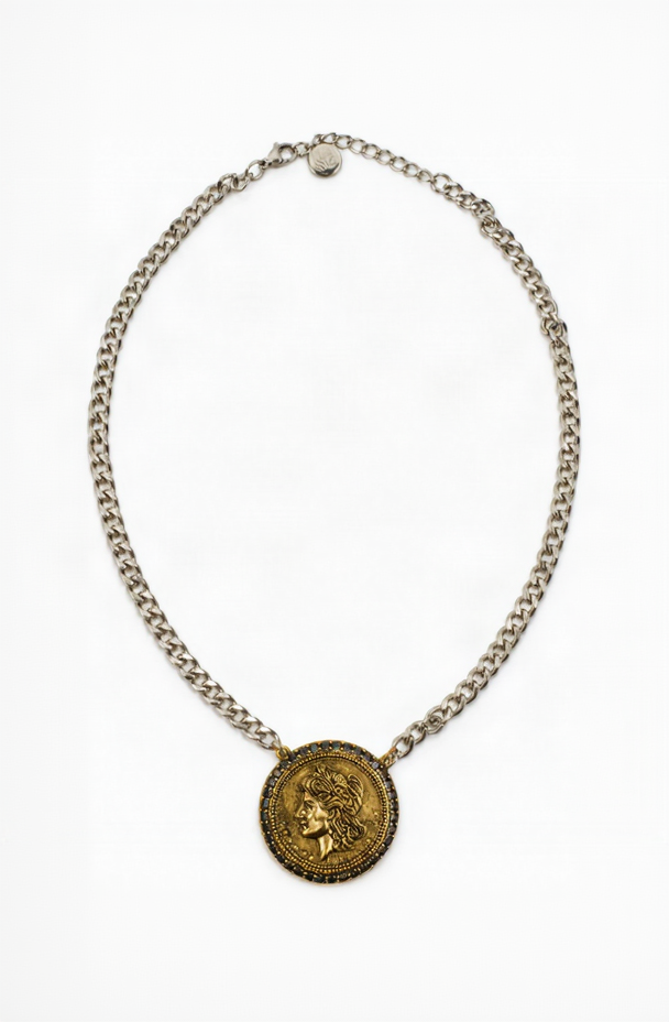 Year of Chic Medallion Onyx Crystal Two Tone 316L Stainelss Steel Necklace