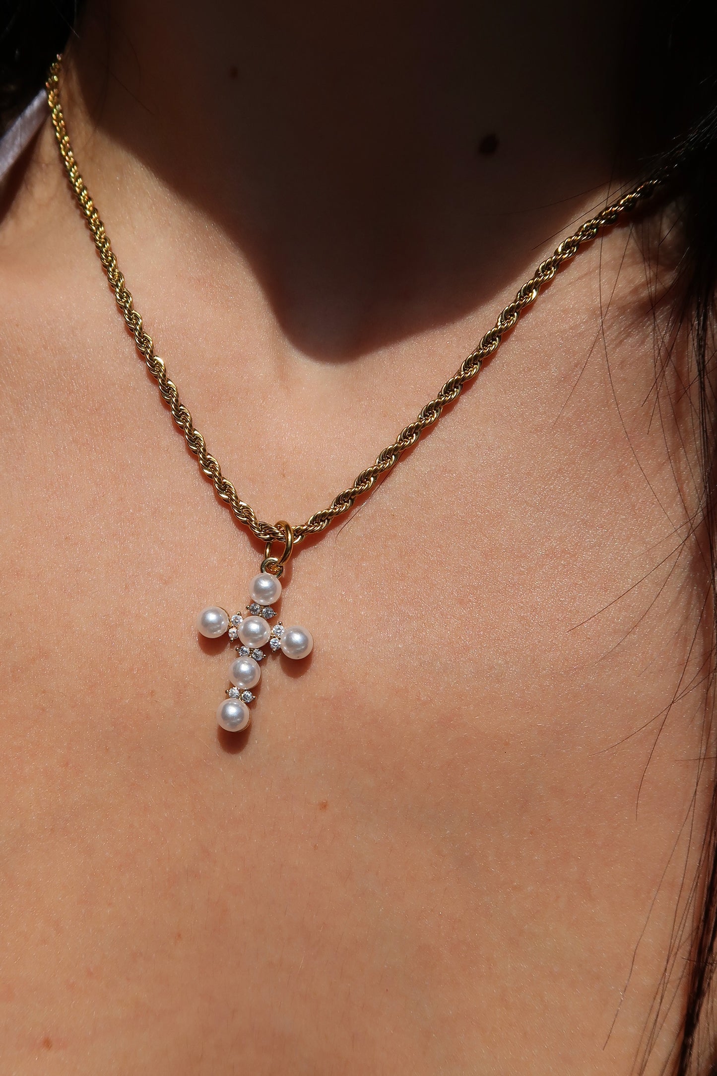 Pearl Cross Necklace 316L Stainless Steel Rope Necklace