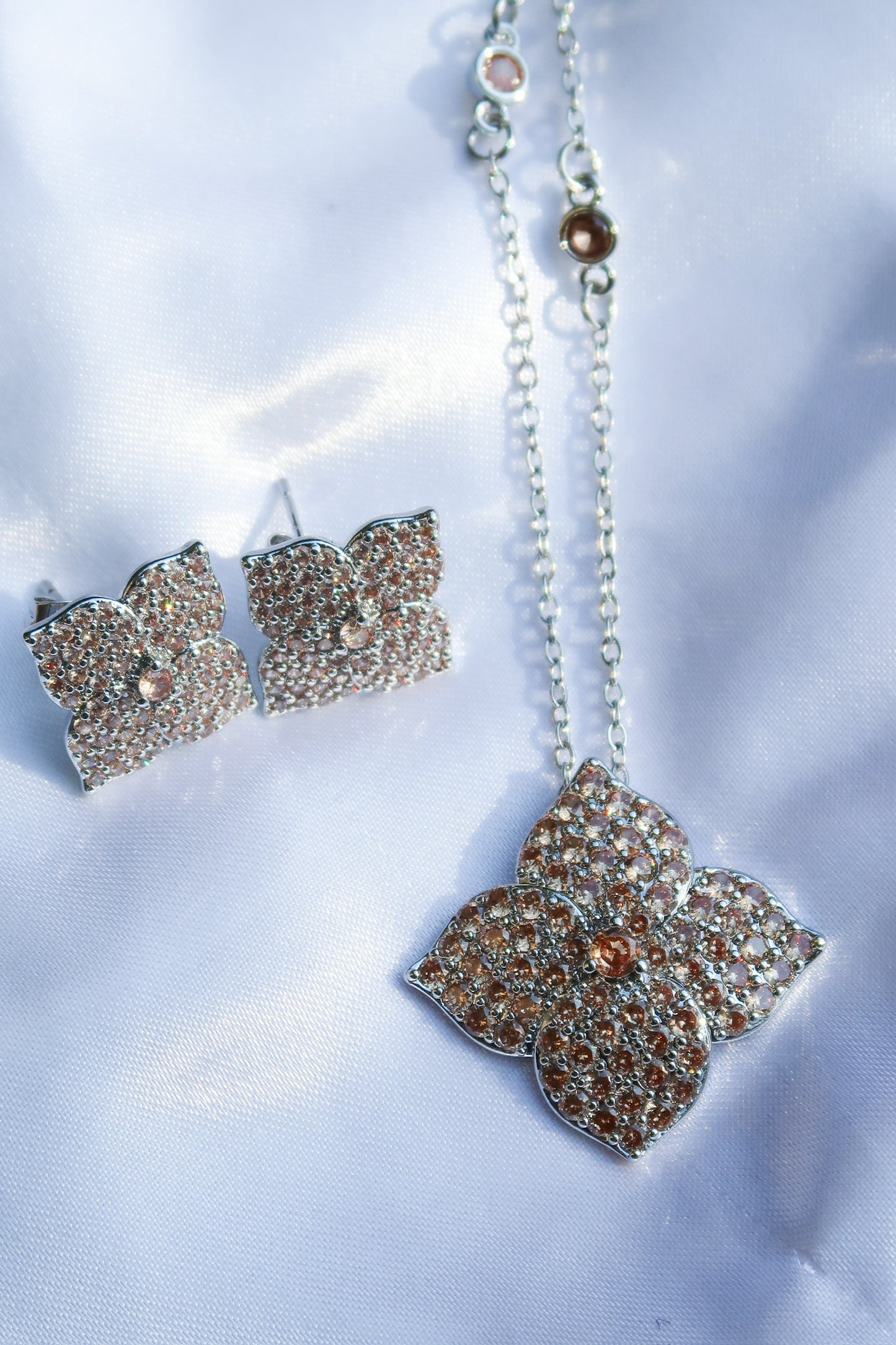 Crystal Champagne Blossom 316L Stainless Steel Necklace and Earrings Duo