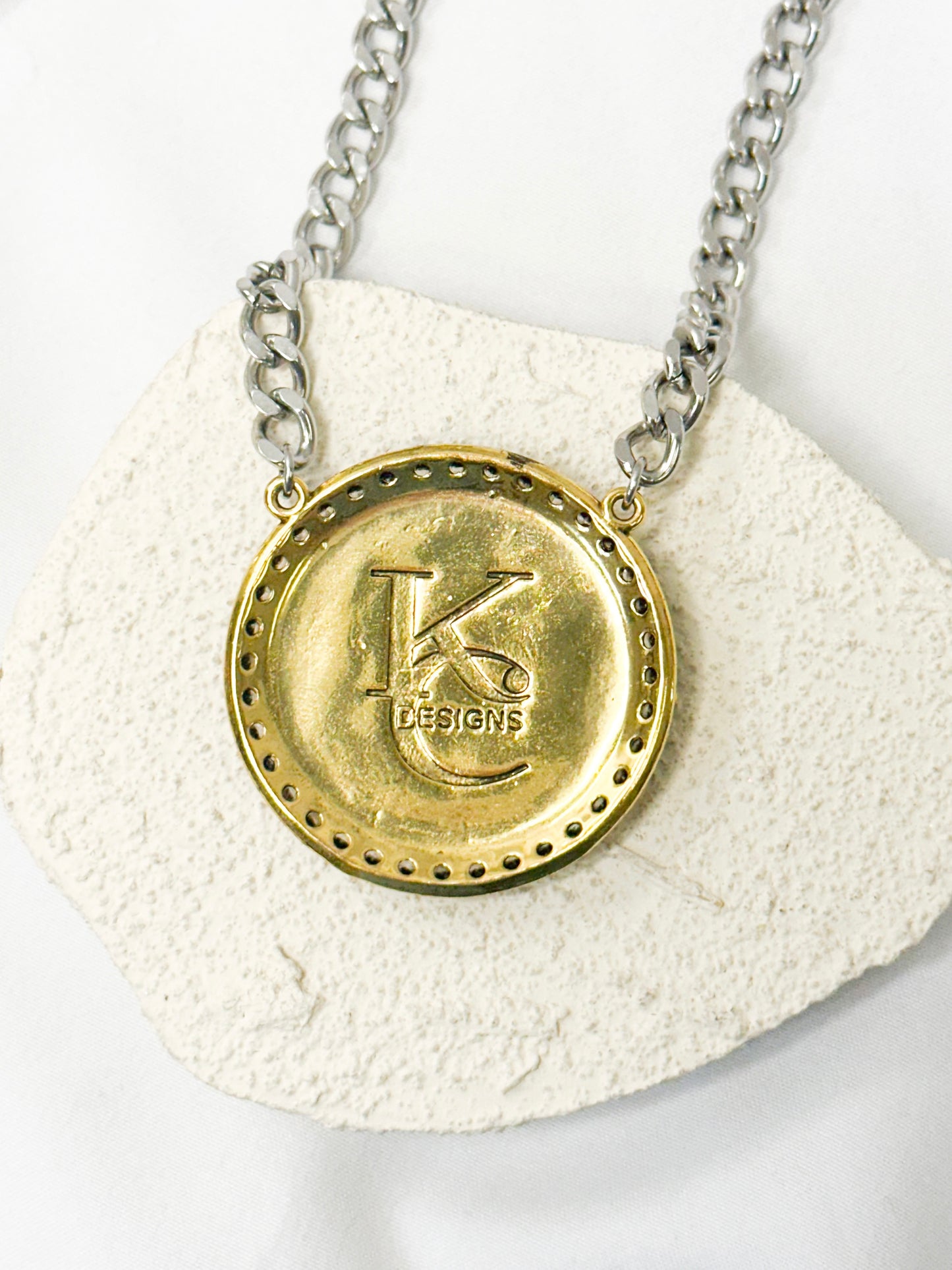 Year of Chic Medallion Onyx Crystal Two Tone 316L Stainelss Steel Necklace