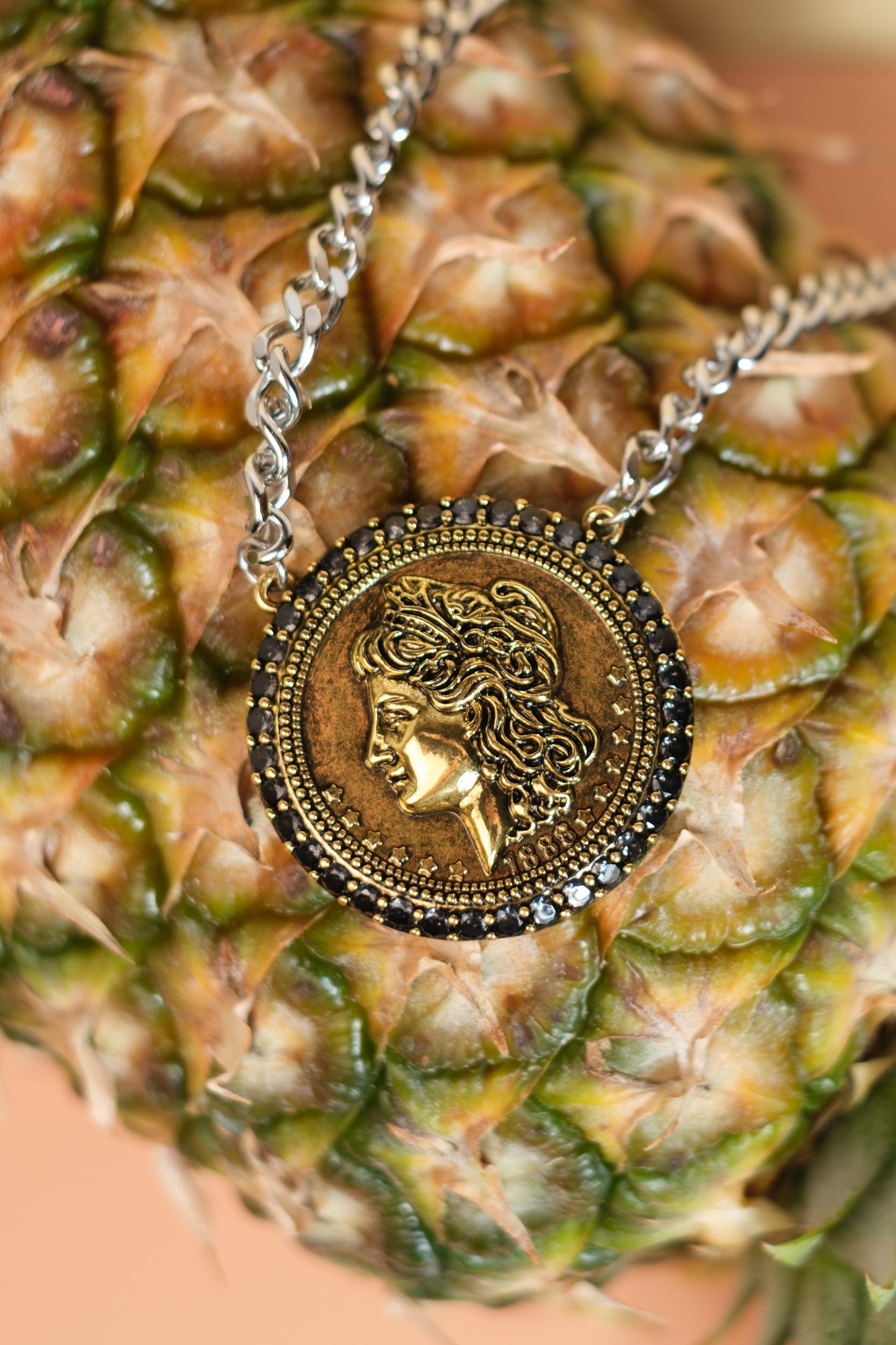 Year of Chic Medallion Onyx Crystal Two Tone 316L Stainelss Steel Necklace