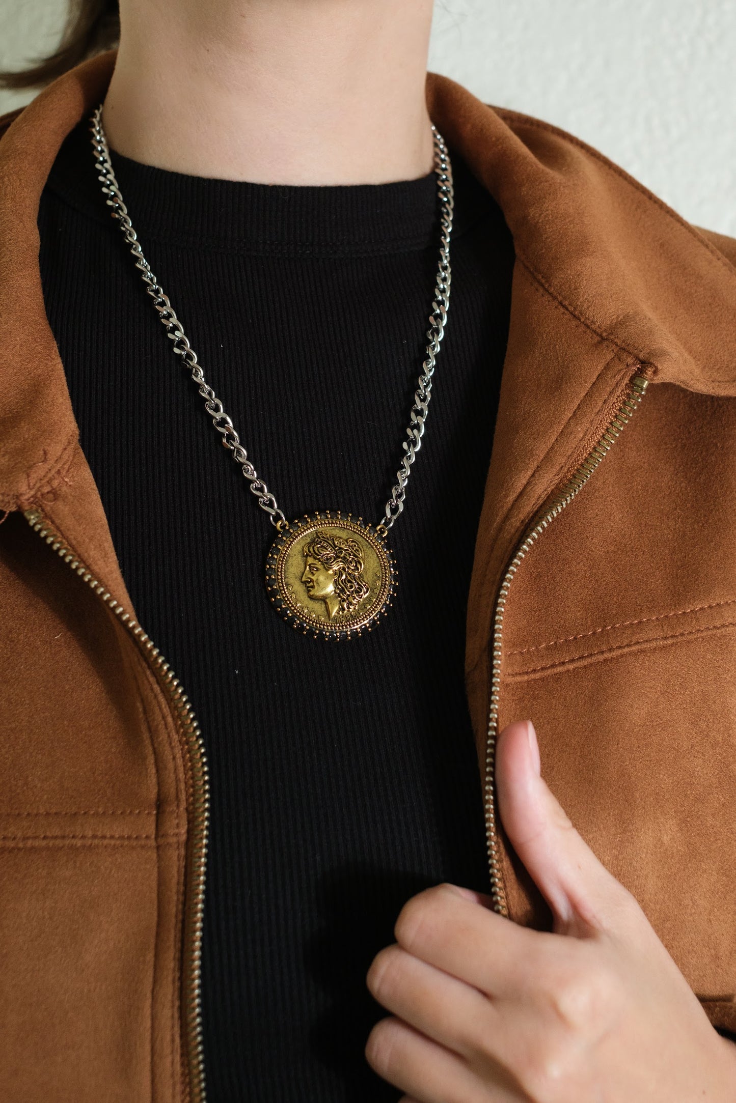 Year of Chic Medallion Onyx Crystal Two Tone 316L Stainelss Steel Necklace
