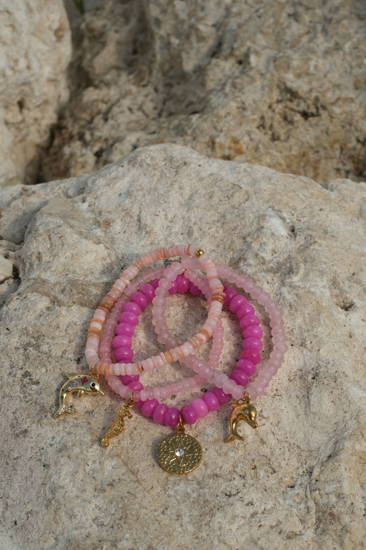 Pink Sands Natural Stone and Swarovski 4 Piece Bracelet Stack