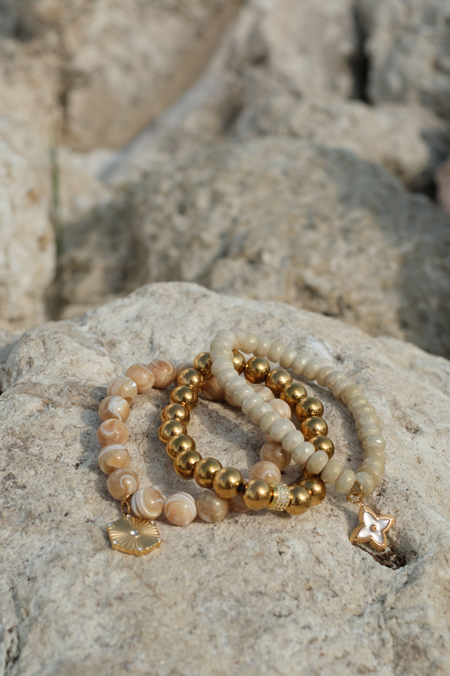 Coastal Latte Natural Stone 3 Piece Bracelet Stack