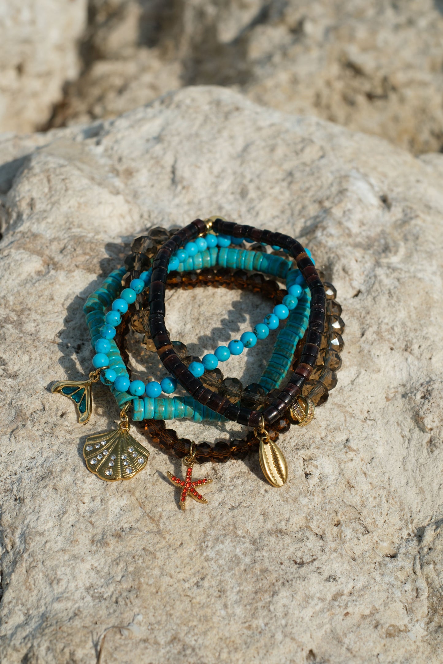 Seabreeze Natural Stone and Swarovski 5 Piece Bracelet Stack