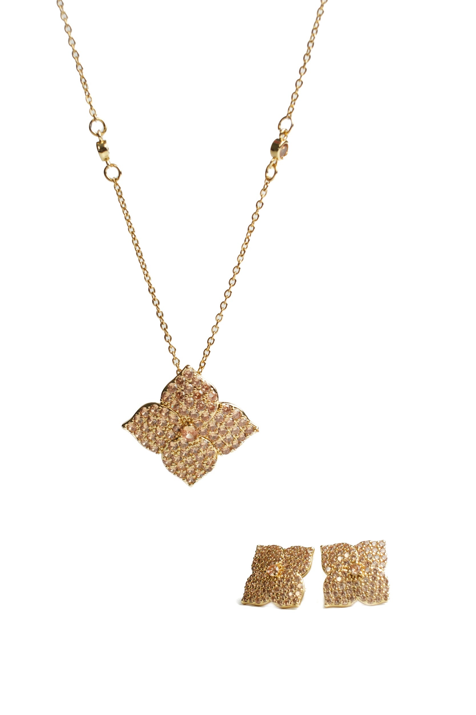Crystal Champagne Blossom Stainless Steel Necklace Earrings Duo