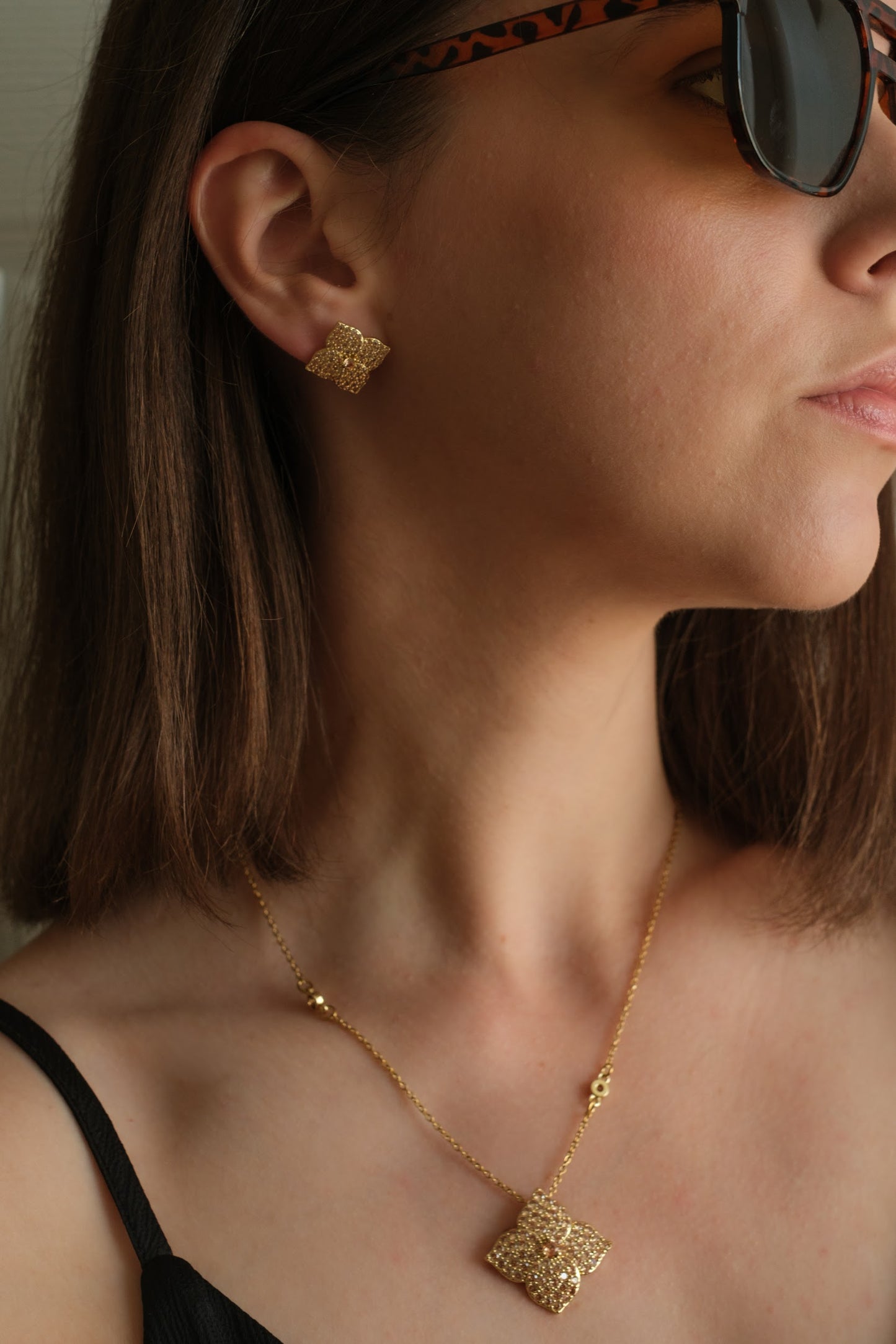Crystal Champagne Blossom 316L Stainless Steel Necklace and Earrings Duo