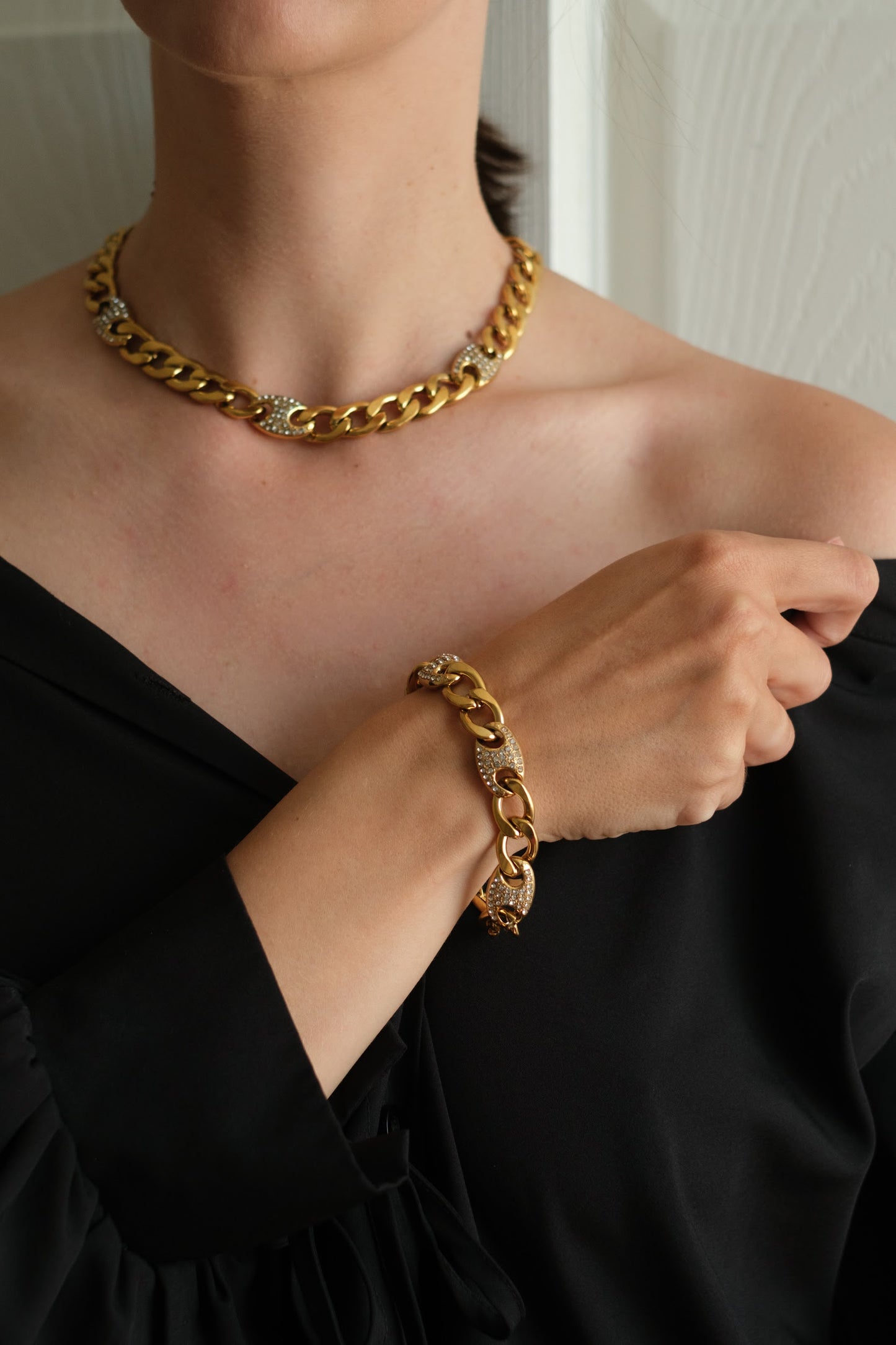 Golden Affair Crystal Cuban Link 316L Stainless Steel Crystal Link Duo
