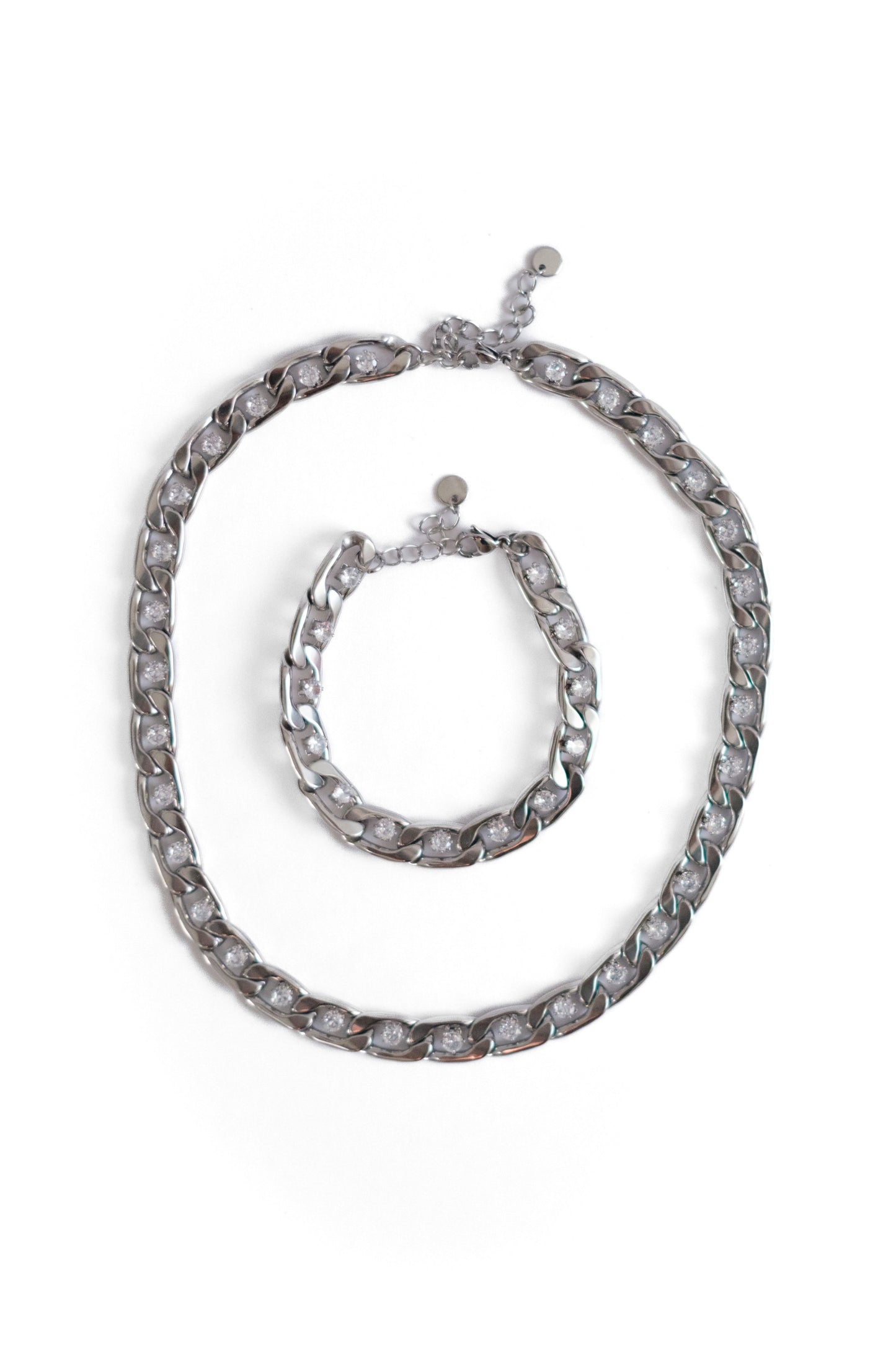 Boss Energy Crystal Cuban Link Necklace and Bracelet 316L Stainless Duo
