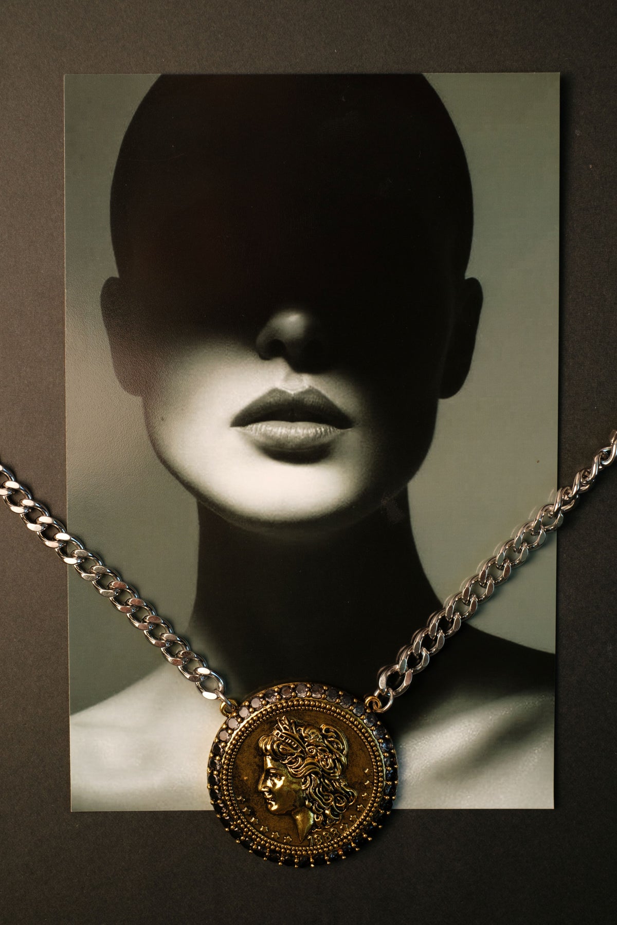 Year of Chic Medallion Onyx Crystal Two Tone 316L Stainelss Steel Necklace