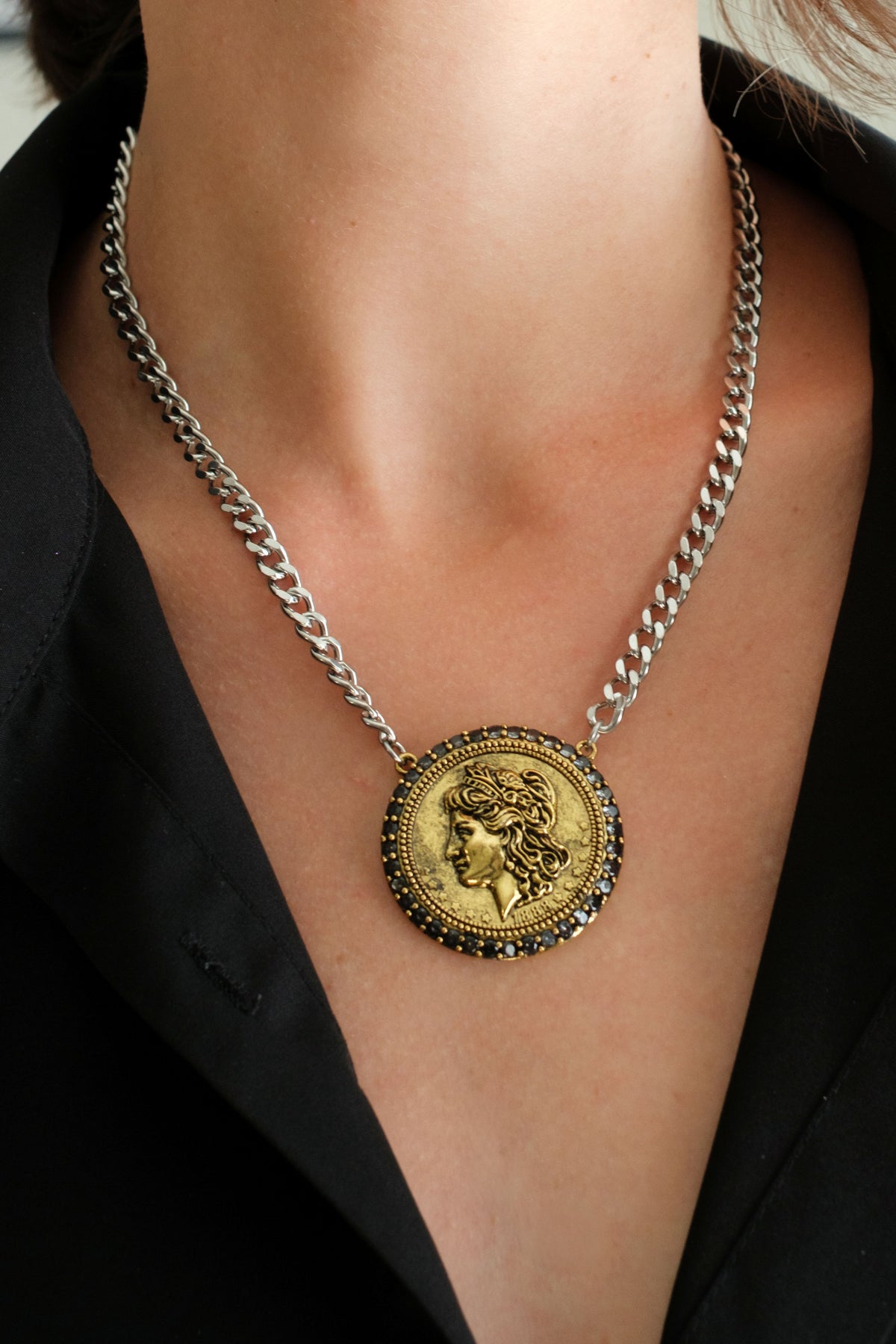 Year of Chic Medallion Onyx Crystal Two Tone 316L Stainelss Steel Necklace