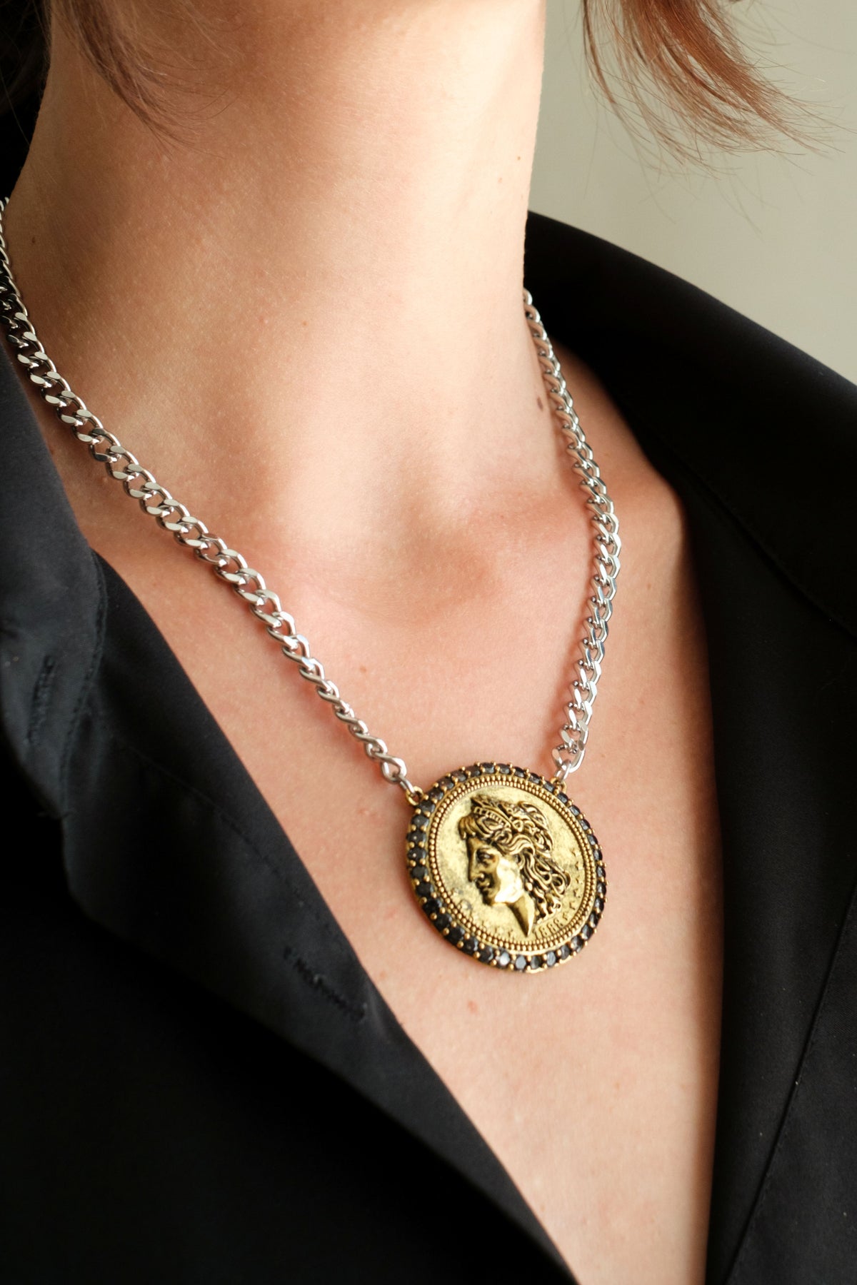 Year of Chic Medallion Onyx Crystal Two Tone 316L Stainelss Steel Necklace