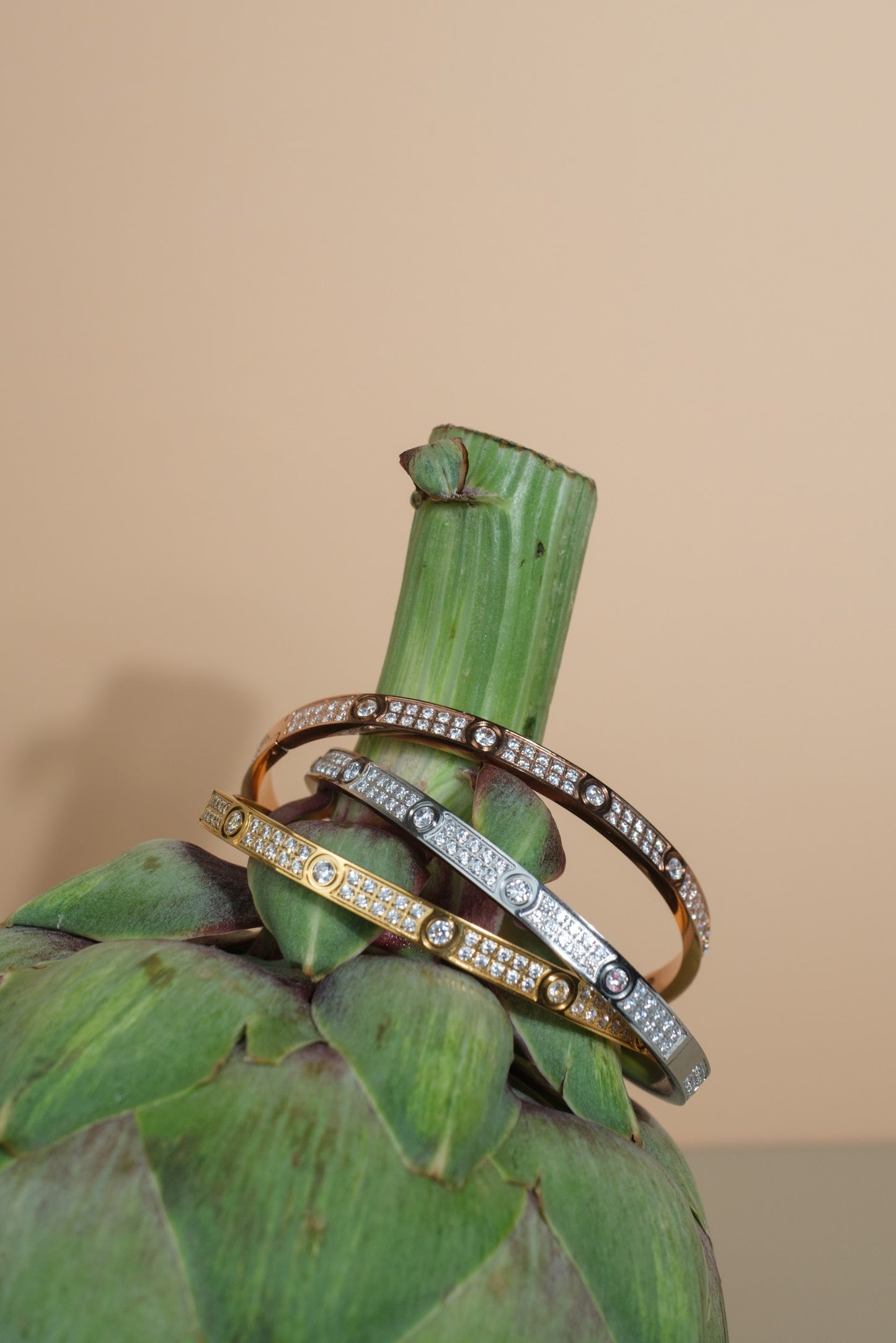 Elevated Full Crystal Bangle 316L Stainless Steel Trio