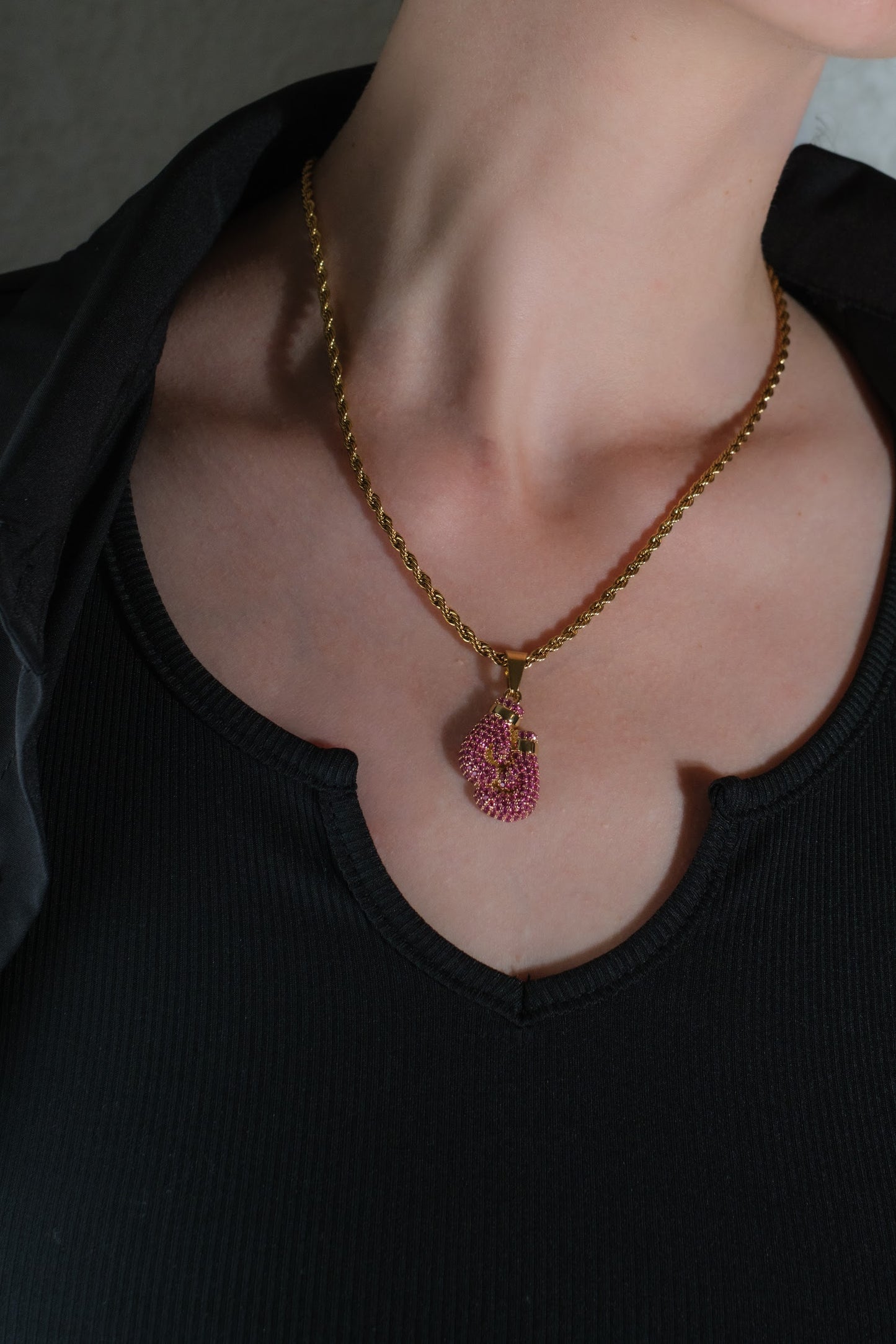 Unbroken Spirit Pink Crystal Boxing Gloves 316L Stainless Steel Necklace