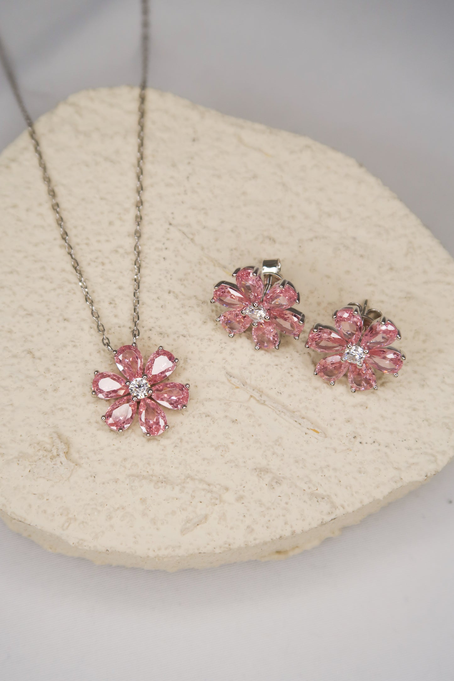 Daisy Pink Crystal .925 Sterling Silver Necklace or Studs or RIng