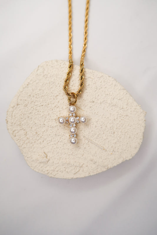 Pearl Cross Necklace 316L Stainless Steel Rope Necklace