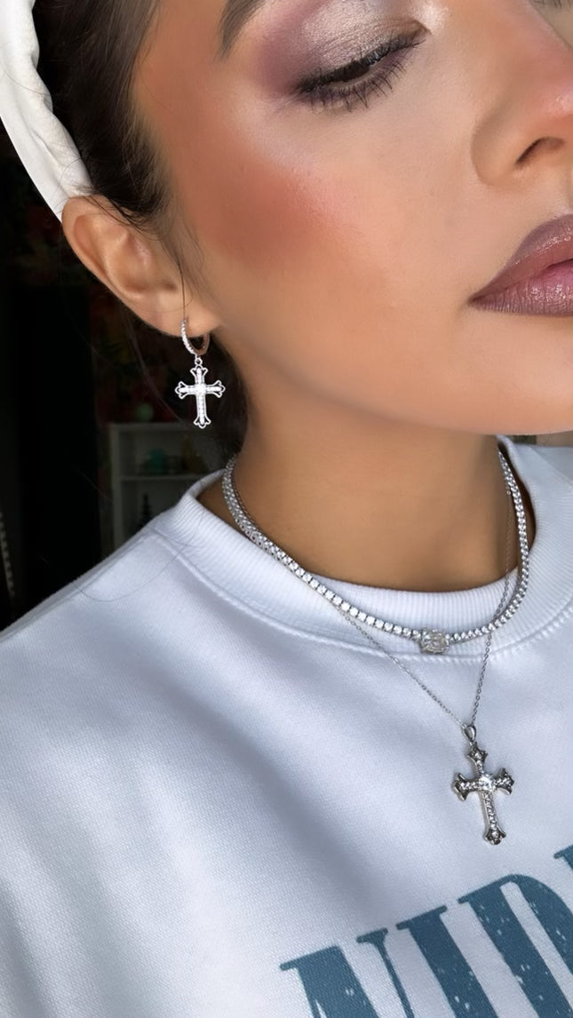 Faithful .925 Sterling Silver Moissanite Cross Necklace/ Earrings