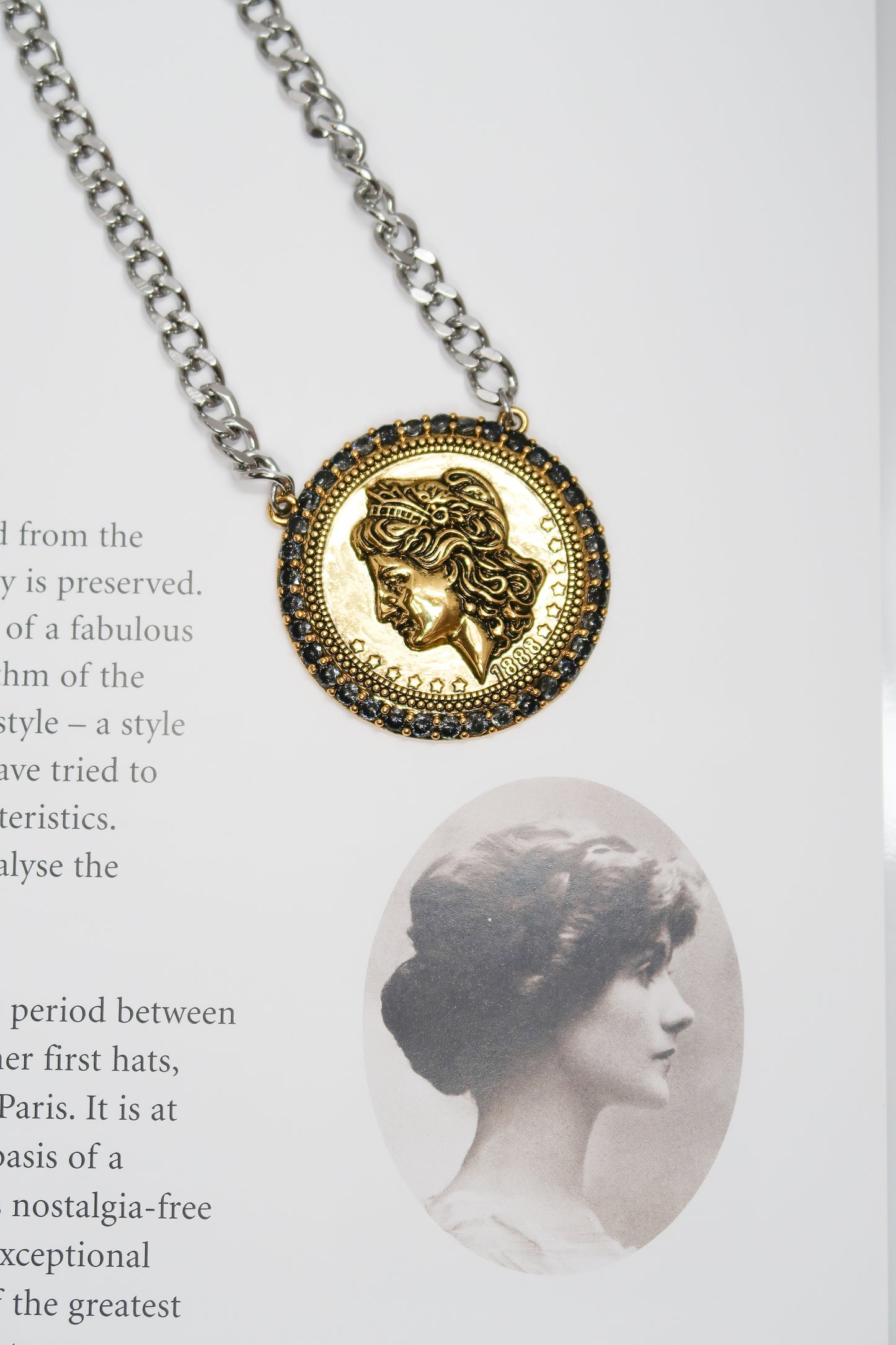Year of Chic Medallion Onyx Crystal Two Tone 316L Stainelss Steel Necklace