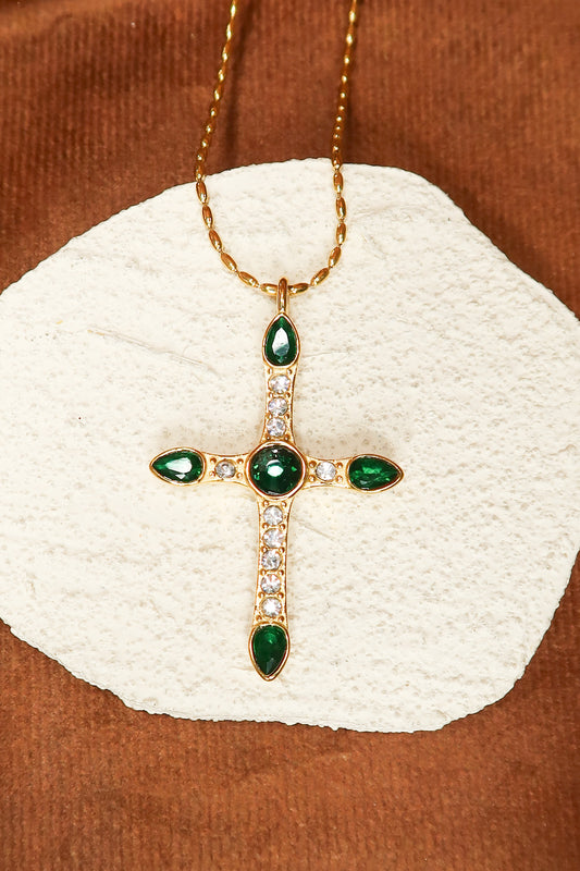 Verdant Luxe Emerald Cross Necklace 316L Stainless Steel