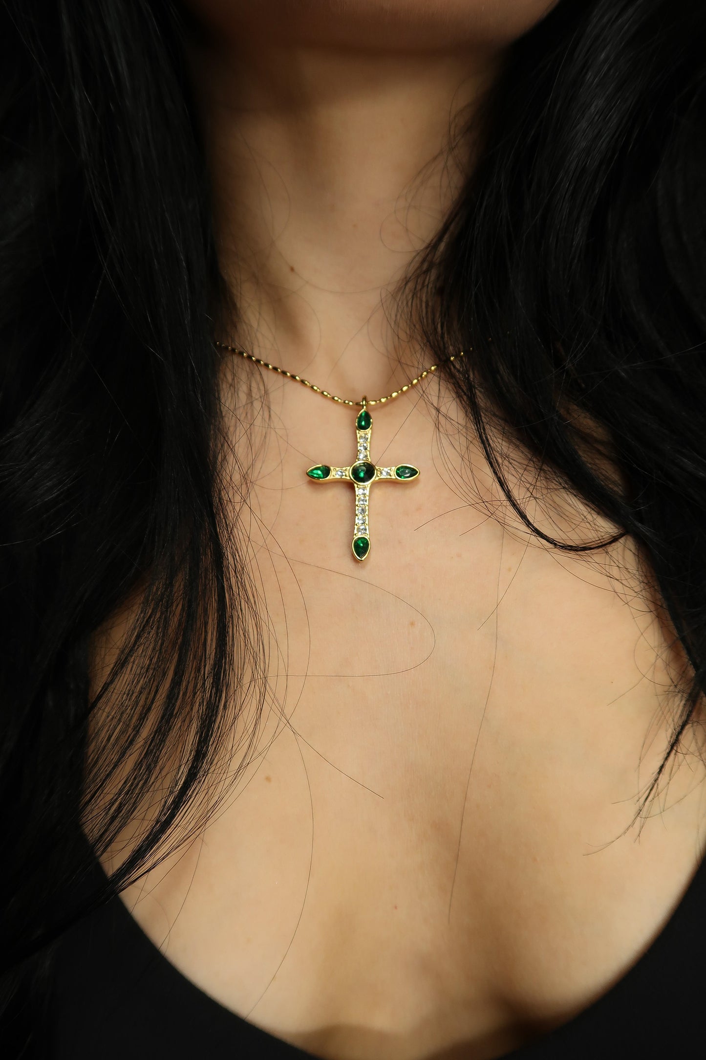 Verdant Luxe Emerald Cross Necklace 316L Stainless Steel
