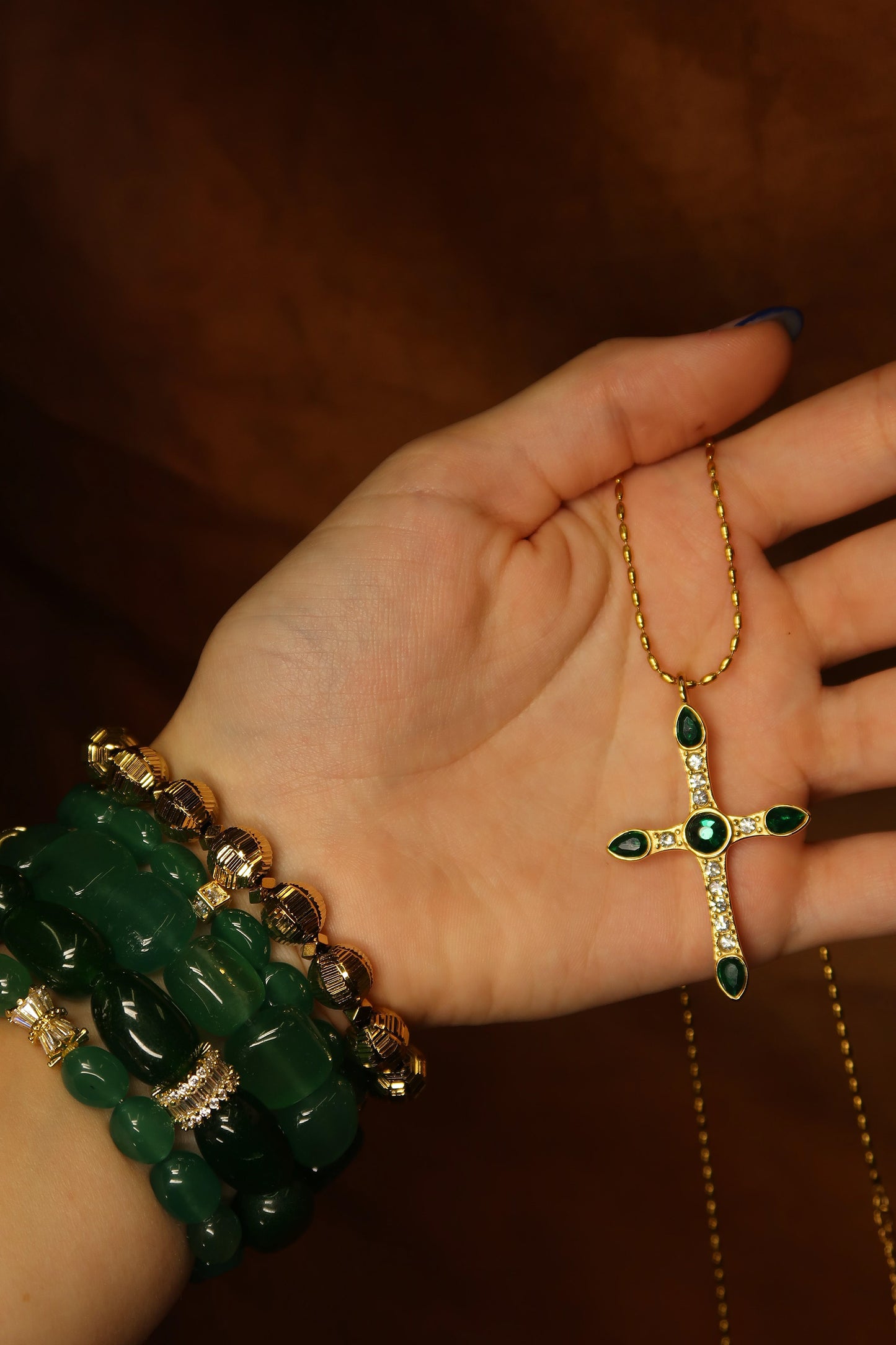 Verdant Luxe Emerald Cross Necklace 316L Stainless Steel