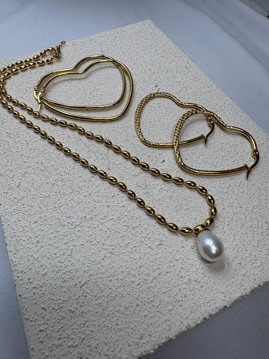 Heart Hoops And Pearl Necklace Trio